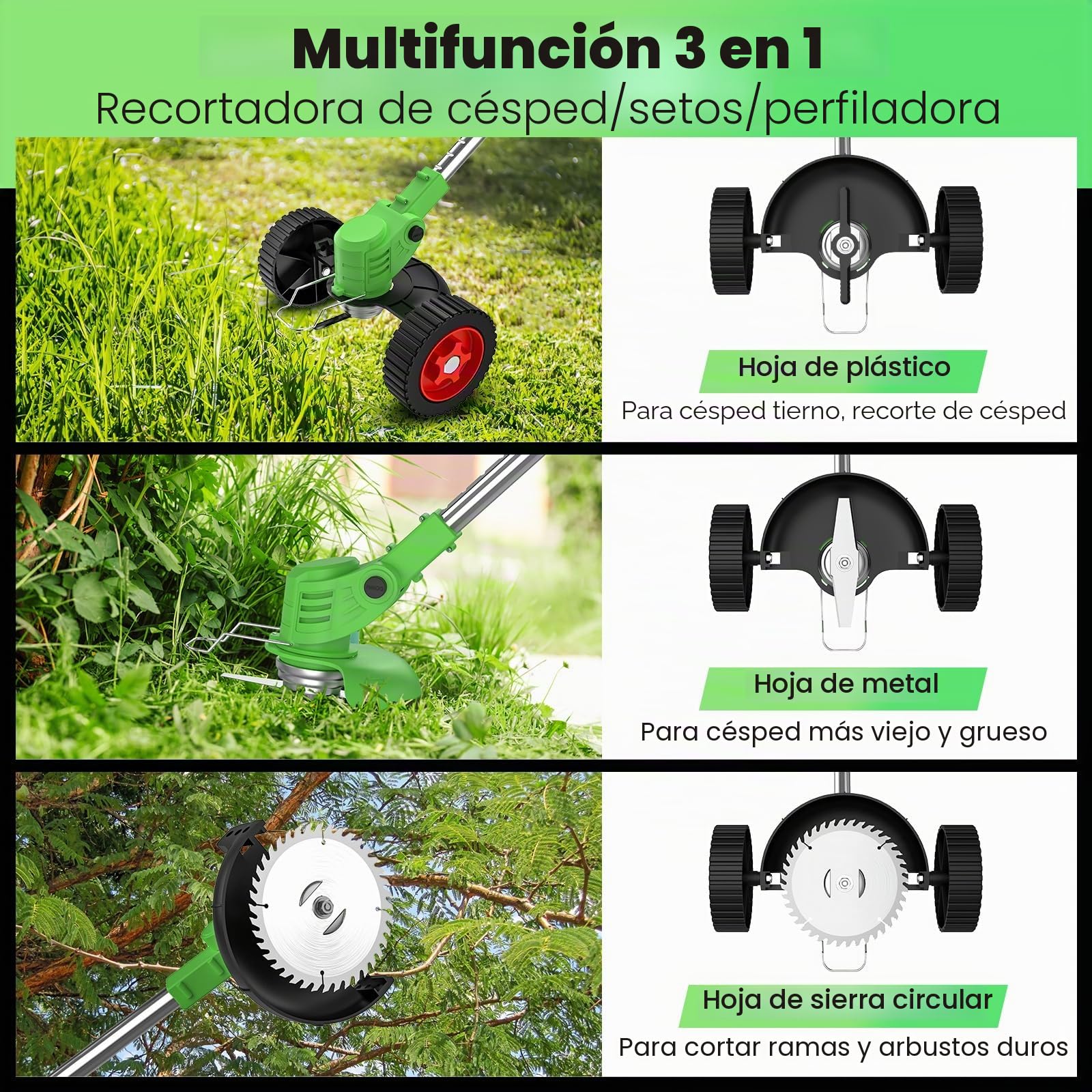 Desbrozadora Batería Plegable con Ruedas, Cortabordes Eléctrico 800W, 2 Baterías 21V (Compatible Makita 18V), 4 en 1, 13 Accesorios, Cabezal 90° y Mango Ajustable, para Jardín Césped (Verde)