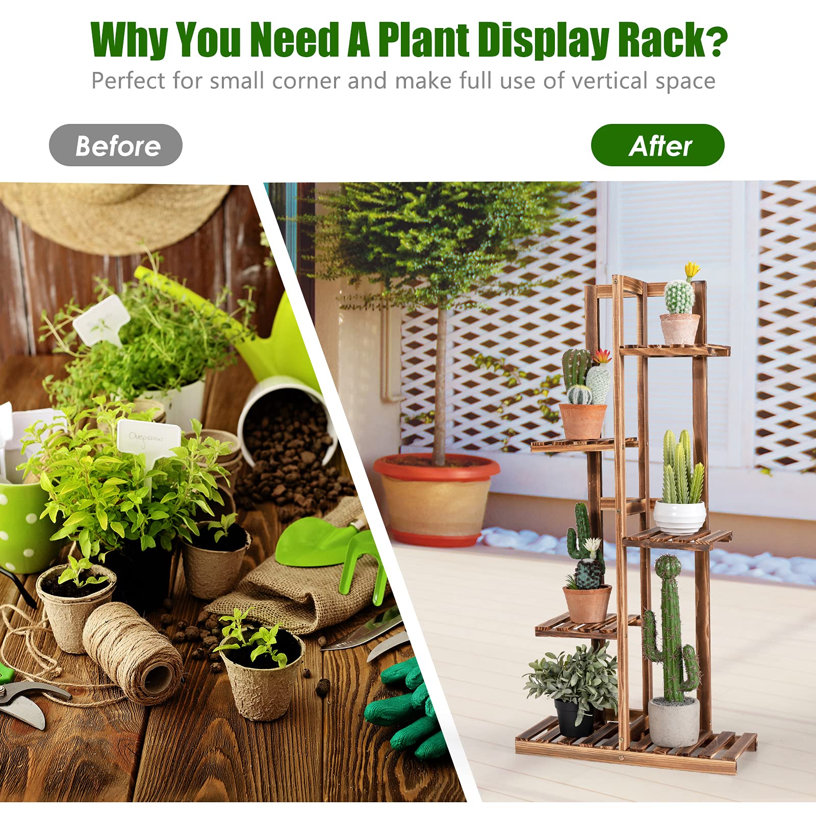 COSTWAY Étagère pour Plantes en Bois de Pin 6 Niveaux Autoportante pour 7 Pots de Fleurs avec Dispositif Anti-Dumping Intérieur/Extérieur Naturel