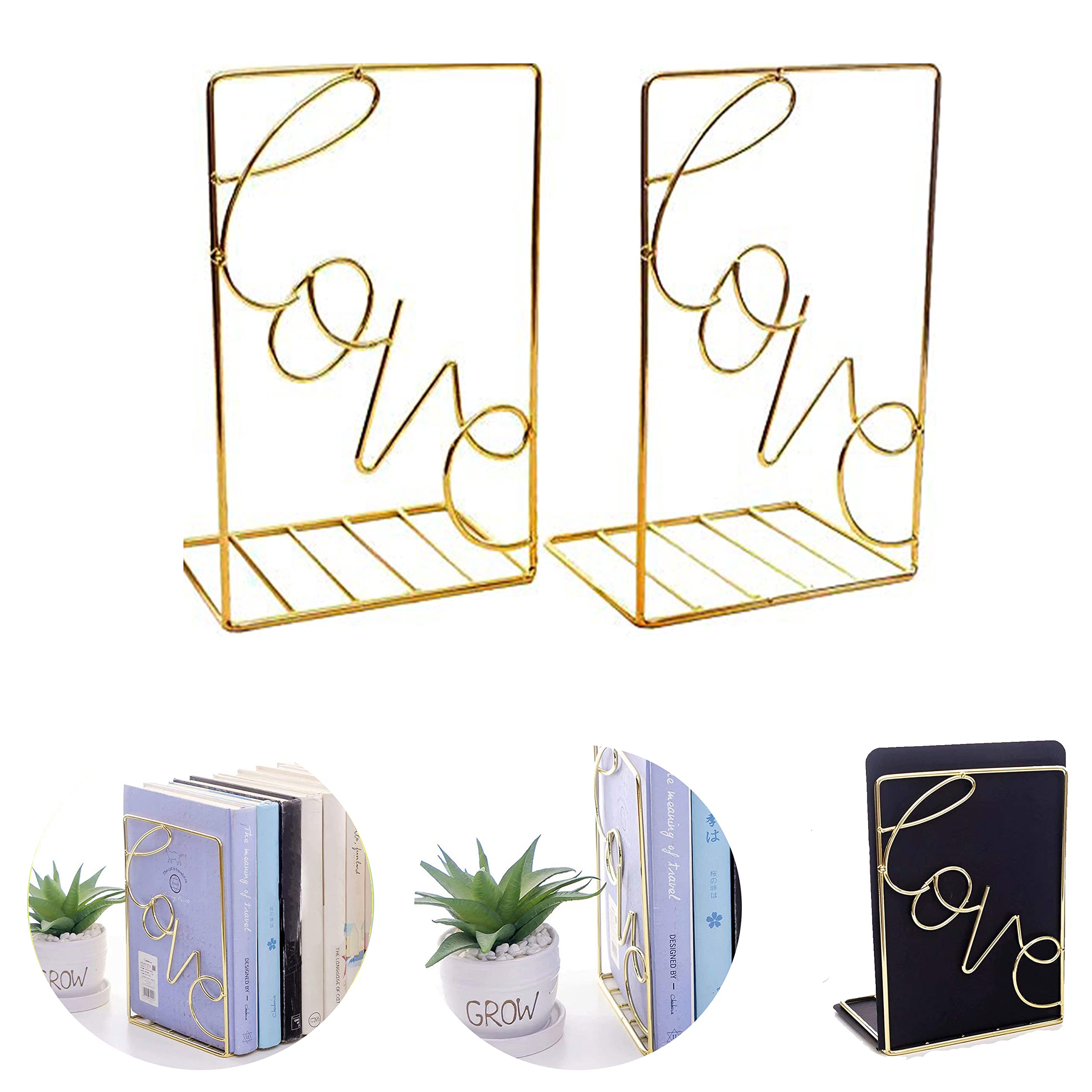 KASTWAVE Bookends Gold, Decorative Metal Book Ends Supports for Shelves (1 Pair)