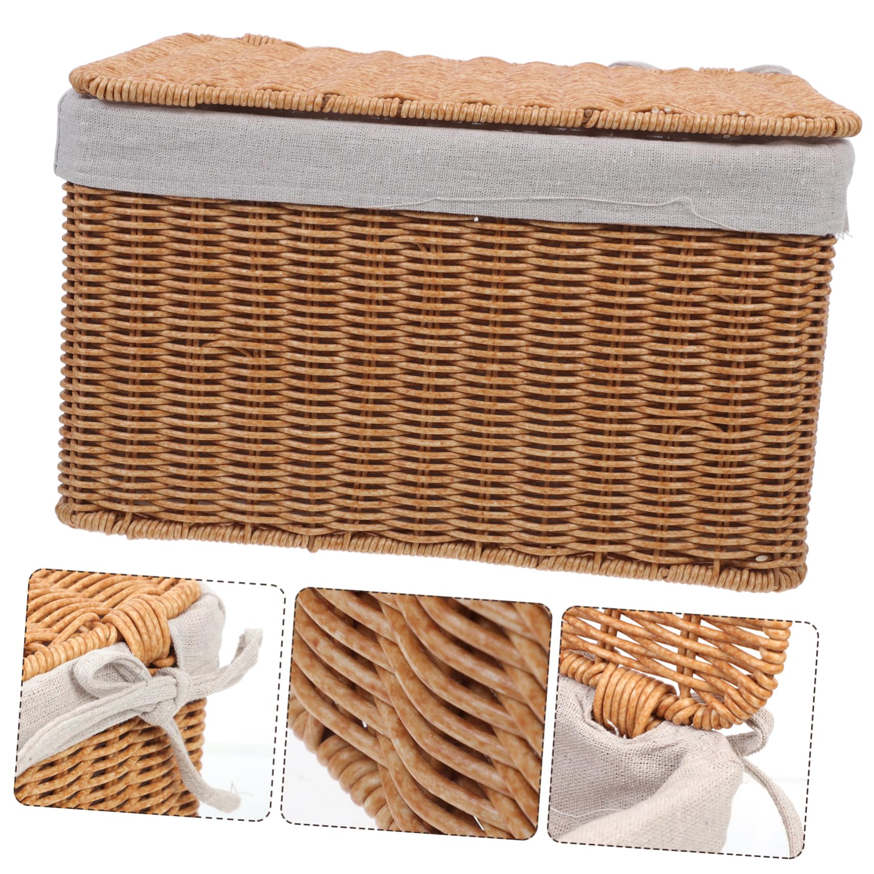 PRETYZOOM Cesta de Almacenamiento de Mimbre Rectangular con Tapa y Asas | Pp y Tela, Diseño Espacioso para Ordenar y Guardar, Formato Mediano 32x22x18cm, para Hogar y Armarios