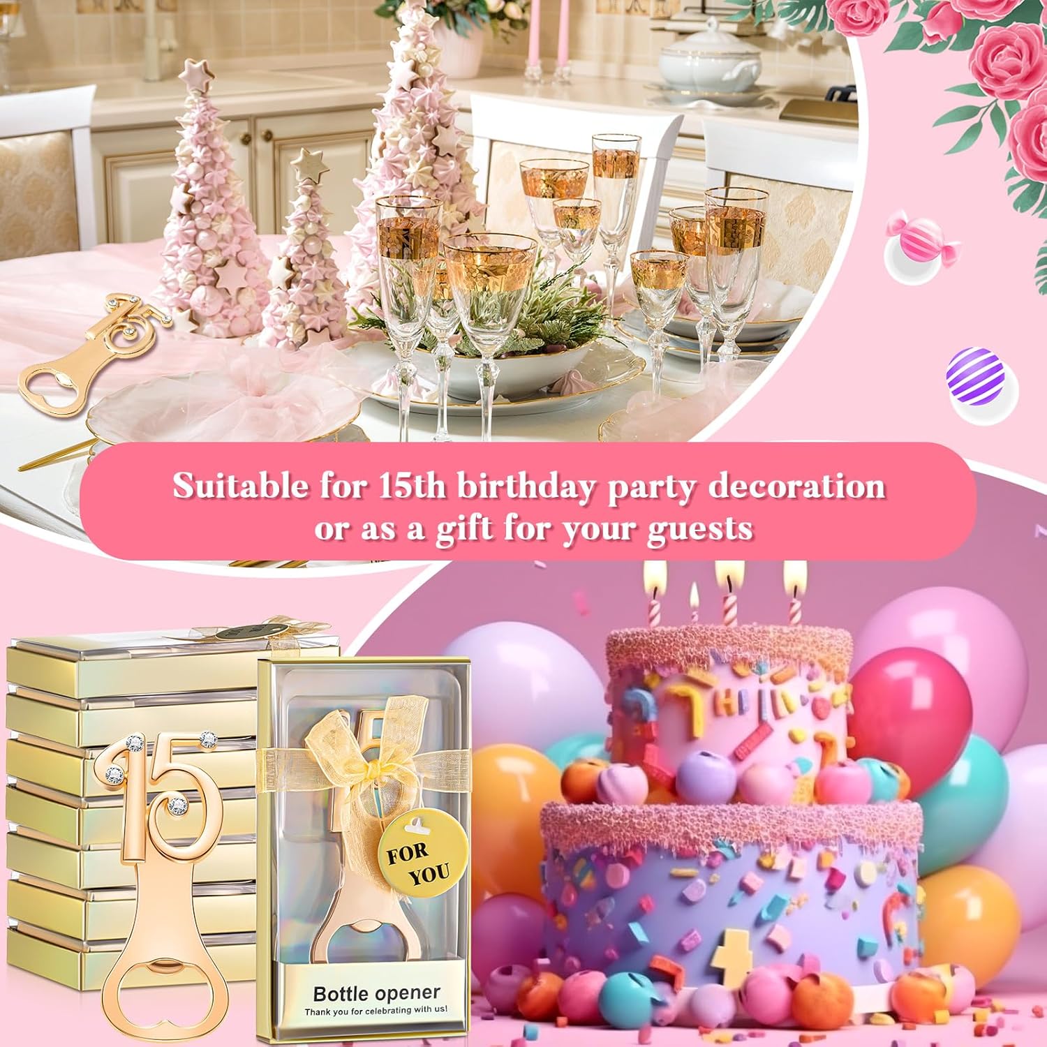 Uiifan 50 Pcs Bottle Openers for 15th Birthday Party Favors Quinceanera Wedding Gifts Decorations or Souvenirs with Gift Boxes Golden Anniversary Party Favors for Guests with Rhinestones