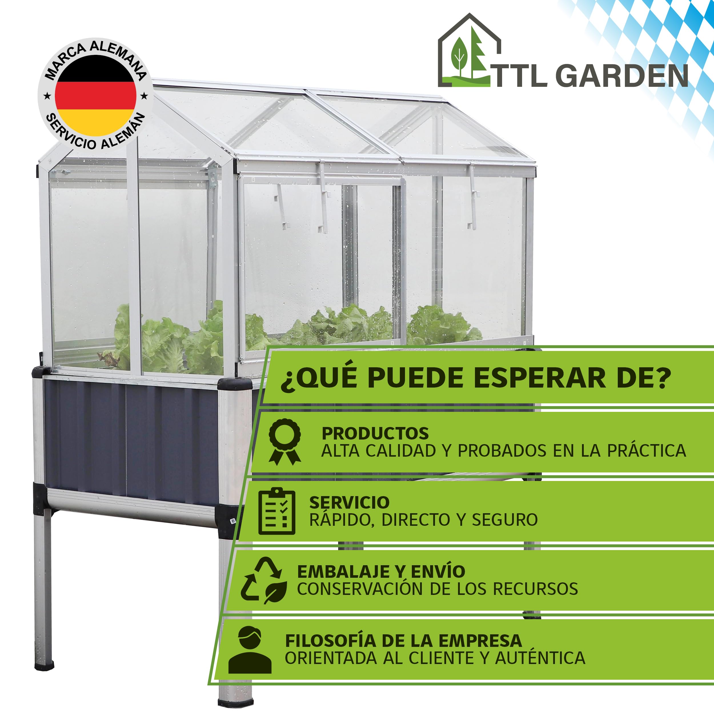 TTL Garden "Superior" - Bancal alto de aluminio con accesorio para semillero - 128 x 114 x 60 cm, gran aluminio de alta calidad con cubierta de invernadero, puertas y techo de policarbonato