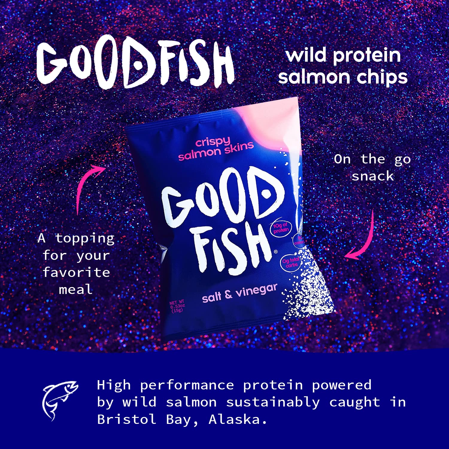 Crispy Salmon Skin Chips by GOODFISH Salt & Vinegar, 8Pack WildCaught Alaskan Salmon