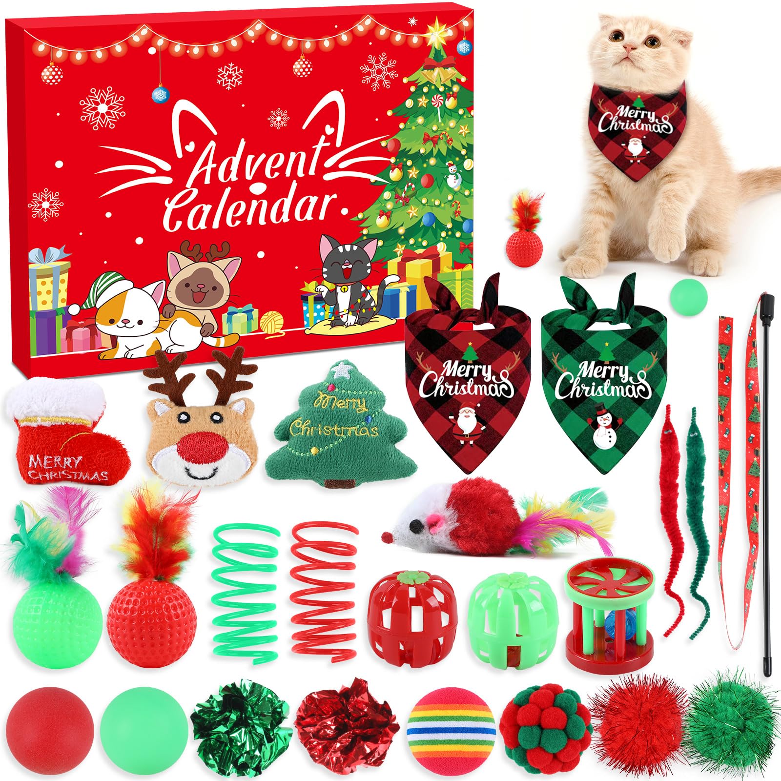 Cat Advent Calendar 24 Days Christmas Countdown Calendar Cat Interactive Toys Cat Gifts Assorted Christmas Toys for Kitten Mice Ball Bells Cat Feather Teaser Xmas Advent Calendar Gifts for Cat Lovers