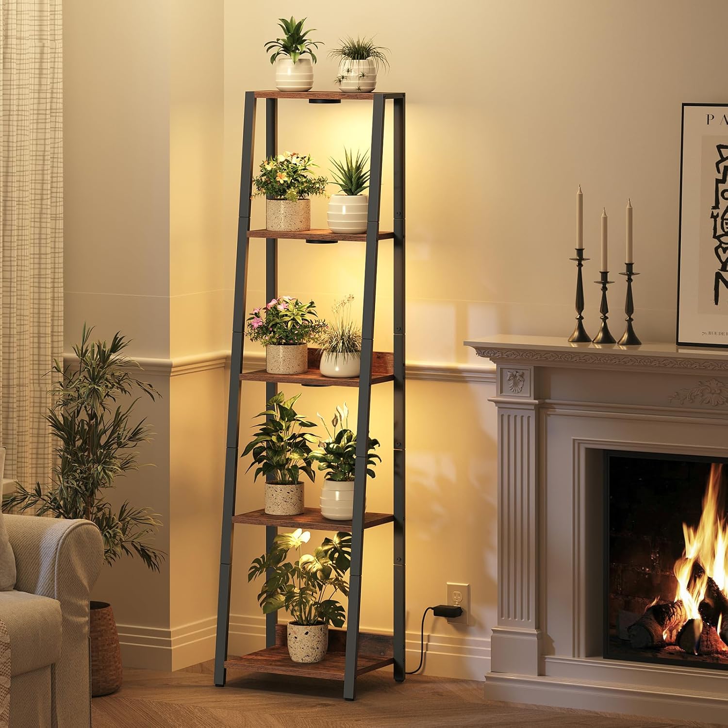 Plant Stand with Grow Light, 5 Tier Plant Shelf with Timer for Indoor Plants, Ladder Shape Flower Rack with Raised Back Edges, for Living Room, Balcony, Rustic Brown and Black PSHR05E01