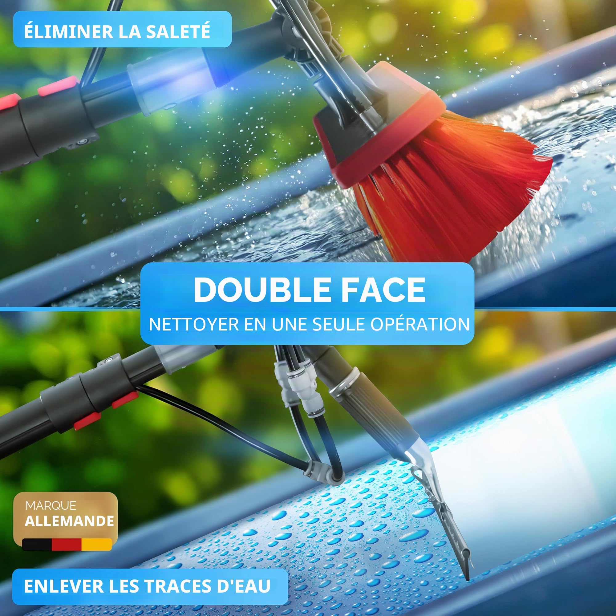 Weidenbach Brosse de lavage télescopique avec raccord d'eau, avec raclette et distributeur de savon, brosse de nettoyage extensible en aluminium pour installations PV, fenêtres, camping-cars, etc. (7