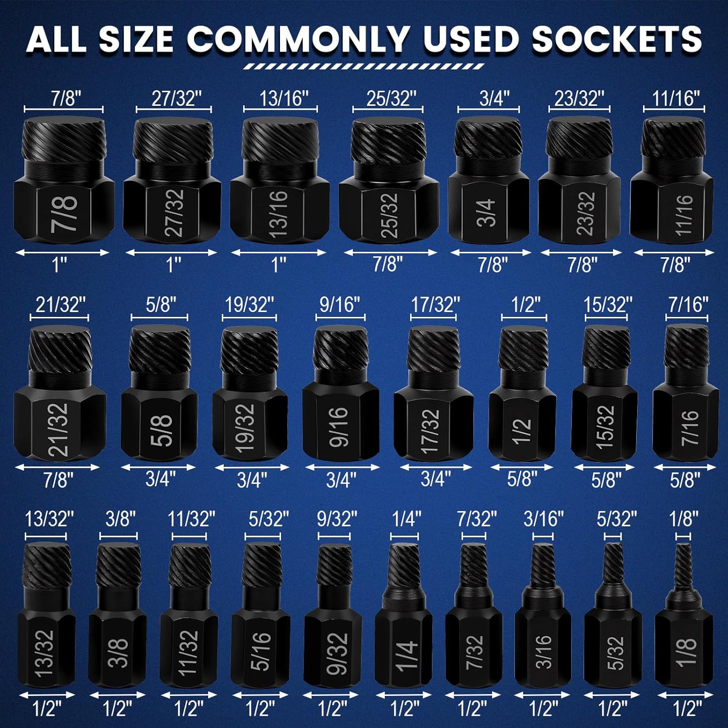 25 Pcs Screw Extractor Set, Hex Head Multi-Spline Easy Out Bolt Extractor Kit for Stripped Screw Removal, 1/8" to 7/8" in 1/32" Increments, CR-MO
