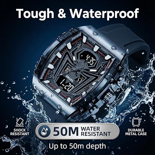 Miniatura 6 de SMAEL Relojes para hombre único cuadrado negro reloj de pulsera con pantalla digital analógica doble hora cronómetro Punk Cool diseño 5ATM