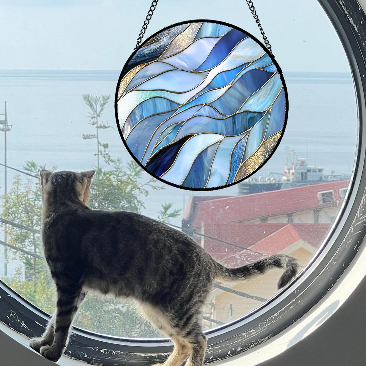 Stained Glass Window Hanging Blue Gradient Abstract Large 15" - Suncatcher Door Garden Sunroom Sun Catcher Home Decor Housewarming Birthday for Mom Grandma Men Woman