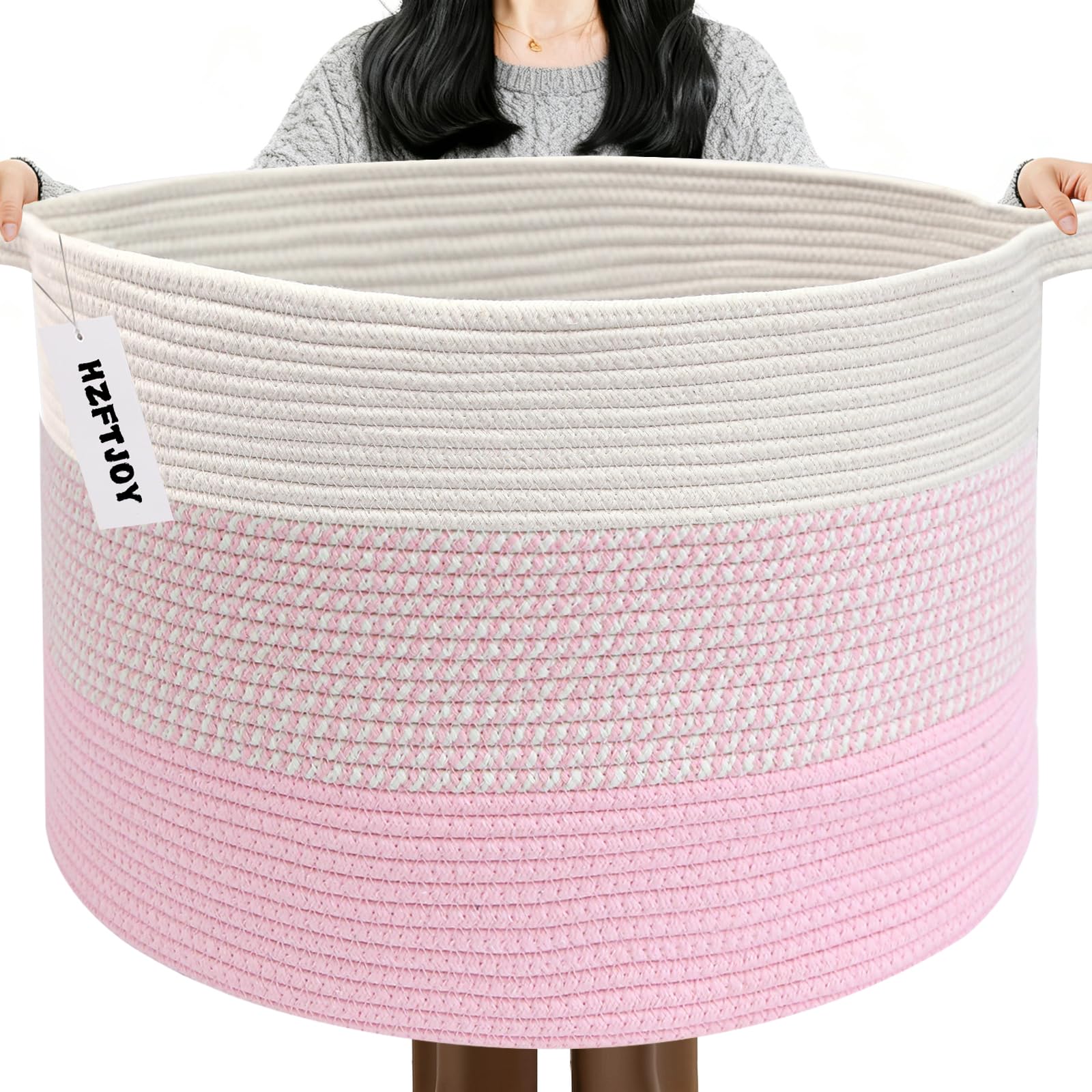 HZFTJOY 90L Extra Large Blanket Basket,Woven Rope Laundry Basket Hamper with Handles, Decorative Nursery Basket Storage Bin for Toys, Clothes Organizer, Living Room, Bedroom, Bathroom, Pink