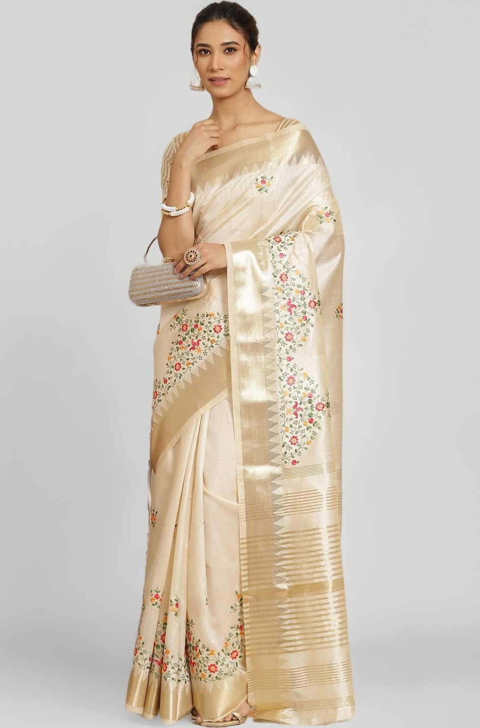 Women's Kasavu Cotton Blend Saree With Blouse Piece