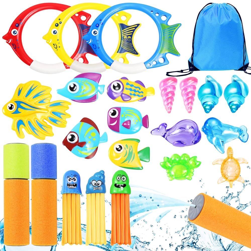 Yotako Swimming Pool Toys For Kids, 23Pcs Diving Toys Set With Drawstring Bag Dive Rings Water