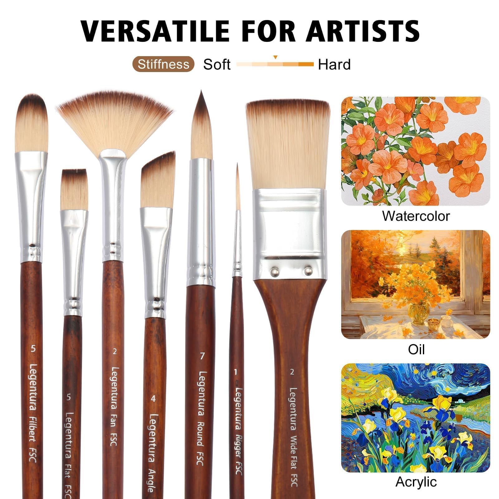 Set di 25 pennelli professionali per pittura acrilica, olio e acquerello con forme piatte, filbert, a ventaglio, rotonde, liner e pugnali, setole sintetiche e custodia da viaggio
