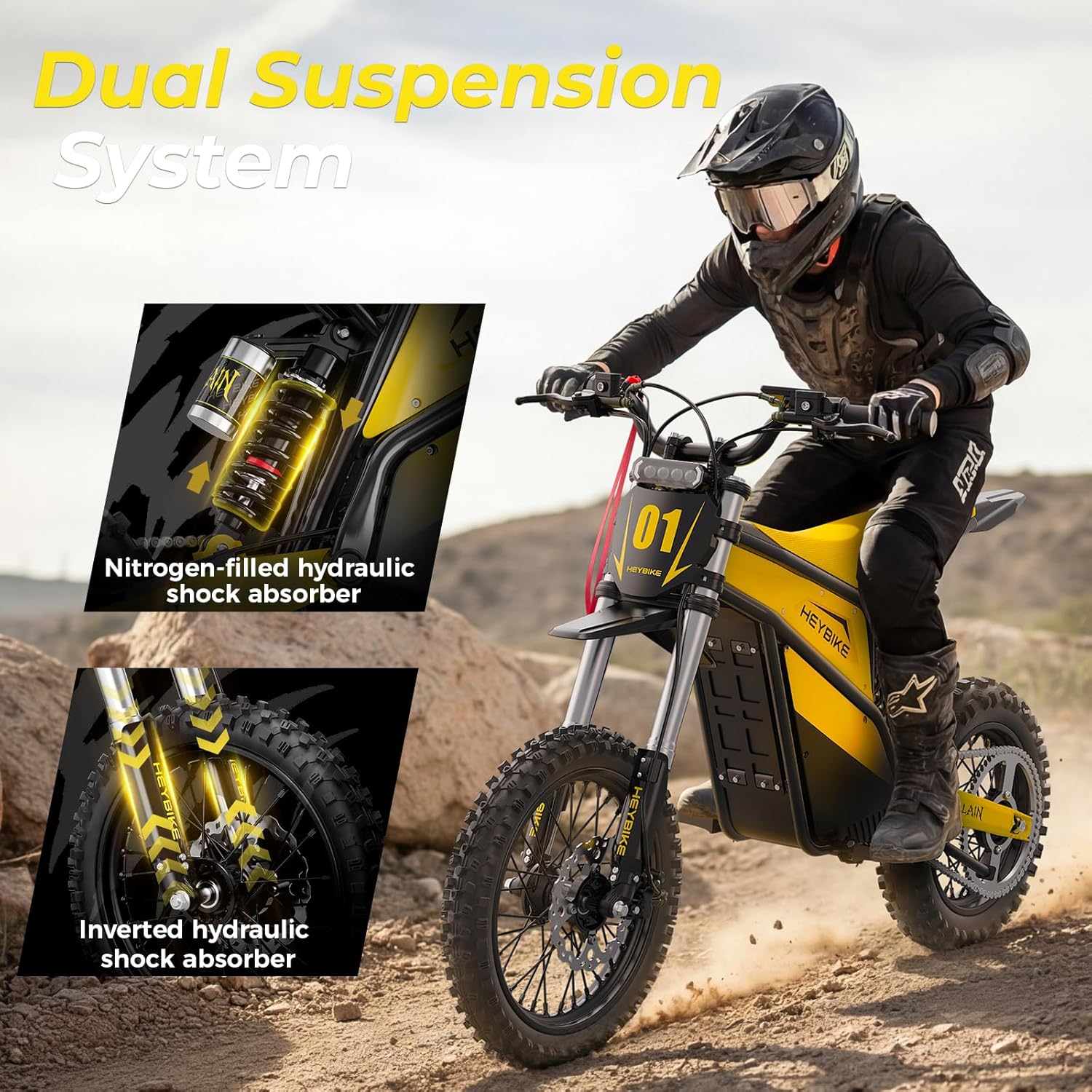 Heybike Villain Electric Dirt Bike, 4160W E Dirt Bike with 52V 26AH Battery, 14"/12" Fat Tire Electric Motorcycle for Teens, Max 45MPH Ebike with Reversing Function(with Crossbody Bag; Yellow)