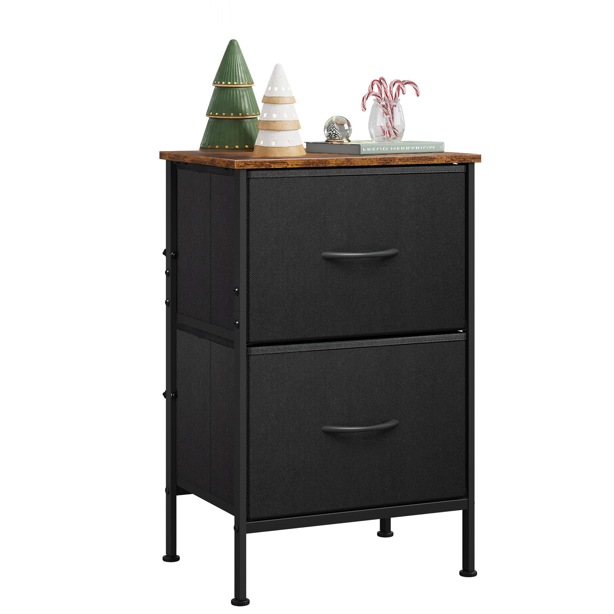 WLIVE Nightstand, Nightstand with 2 Drawers, Bedside Furniture, Night Stand, Small Dresser for Bedroom, College Dorm, End Table with Fabric Bins, Dormitory, Black and Rustic Brown, Size L