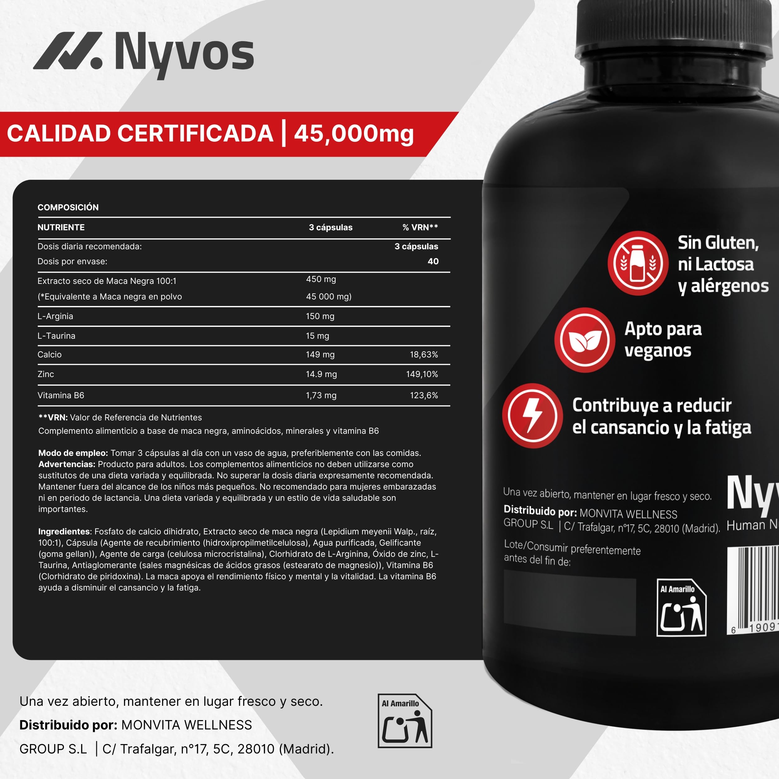 Maca Negra Alta Dosis – 45.000 mg Equivalente (Extracto 100:1) con Zinc, Calcio, Vitamina B6, L-Arginina y Taurina – 180 Cápsulas Veganas de Maca – Sin Cafeína, Sin Gluten ni Lactosa, Vegano – Nyvos