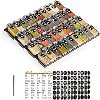 SpaceAid Spice Drawer Organizer with 40 Spice Jars, 386 Spice Labels and Chalk Marker, 4 Tier Seasoning Rack Tray Insert for Kitchen Drawers, 18.5" Wide x 17.5" Deep