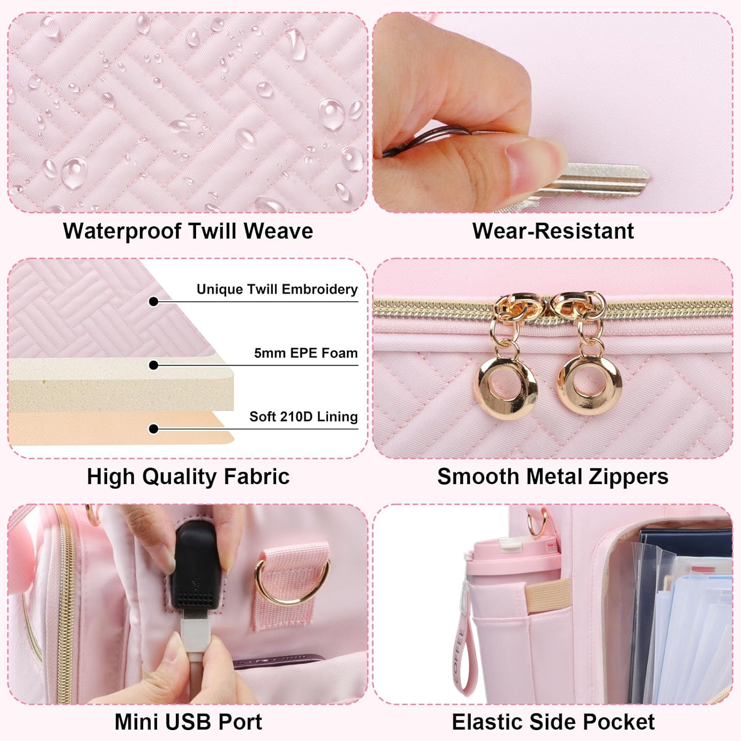 Teacher Tote Bag with Accordion File Organizer Pocket, Soft Nylon Utility Bag with 15.6 inch Laptop Compartment & USB Port, Large Work Tote Bag for Office Supplies Women (Pink)