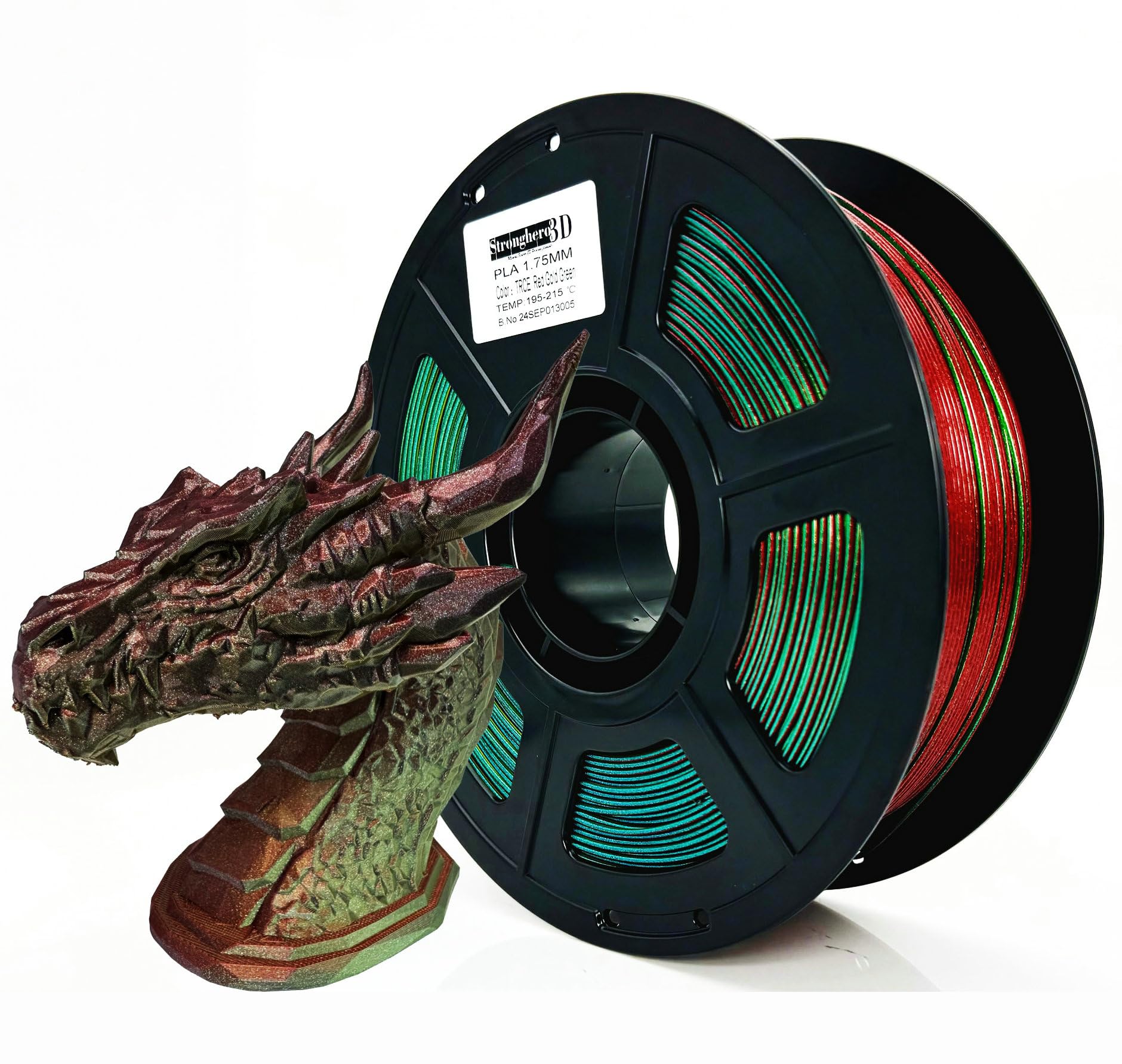 Stronghero3D PLA 3D Printer Filament,Tri-Color Co Extrusion,Red-Gold-Green,Galaxy Glitter Red Silk Gold Silk Green,Diameter 1.75mm Accuracy +/-0.05mm Net Weight 1kg(2.2lbs)
