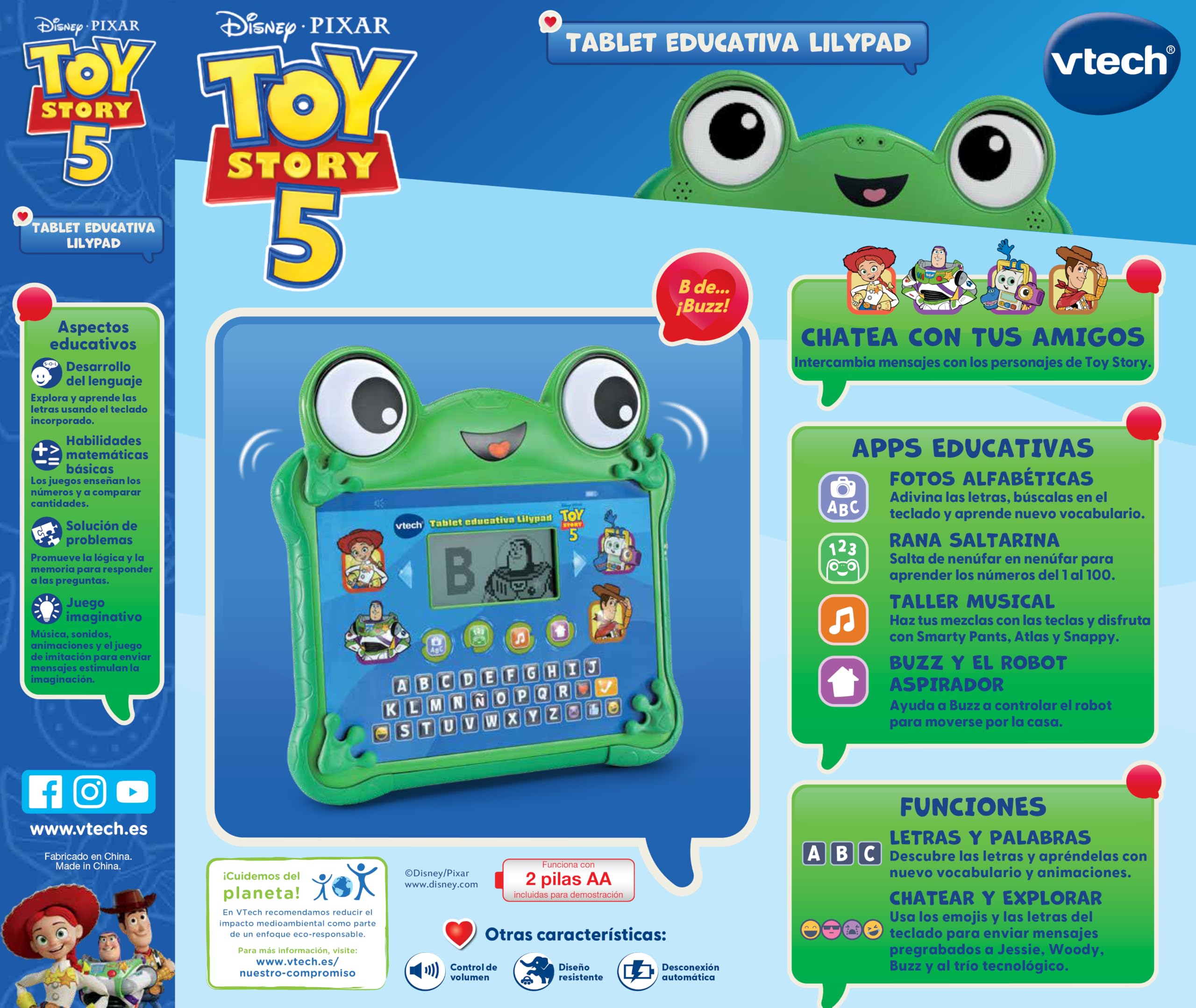 VTech - Tablet educativo Lilypad esplora e impara - Toy Story 5 | Con attività educative, giochi di chat con Jessie, Buzz e Woody, tastiera ABC e schermo retroilluminato, versione spagnola
