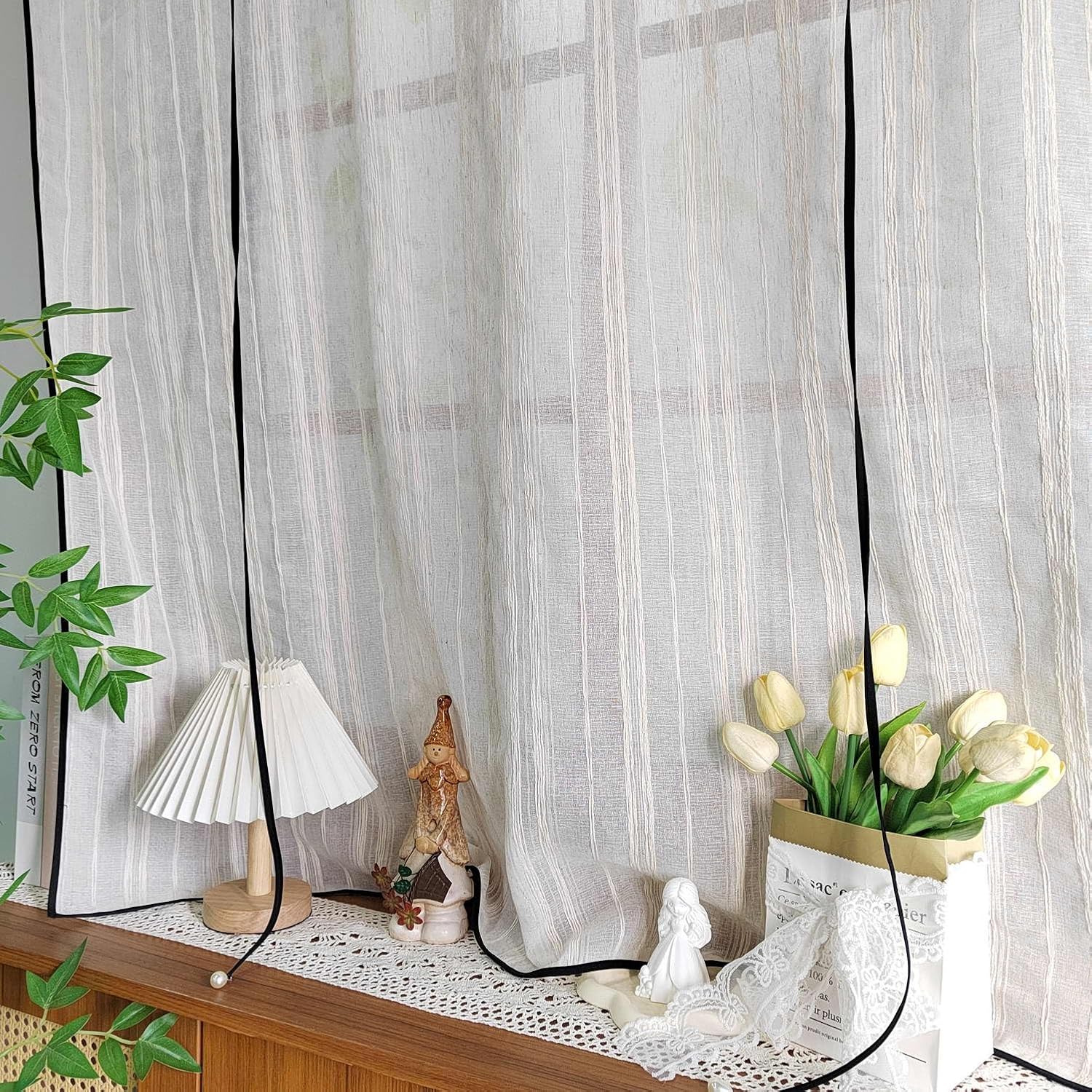 Linen Stripe Tie Up Sheer Curtain Valance for Kitchen Farmhouse Vintage Adjustable Balloon Light Filtering Short Cafe Curtains with Black Trim for Small Windows Rod Pocket Top 1 Panel W52 x L63 Inch