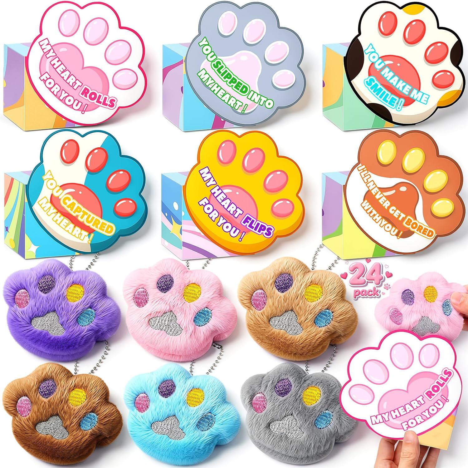 BainGesk Valentines Day Gifts for Kids School, 24 Pack Soft Paw Plush Keychains with Gift Boxes, Ideas Valentines Day Gifts for Kids Classroom, Exchange Gifts for Girls Boys, Valentine Party Favors