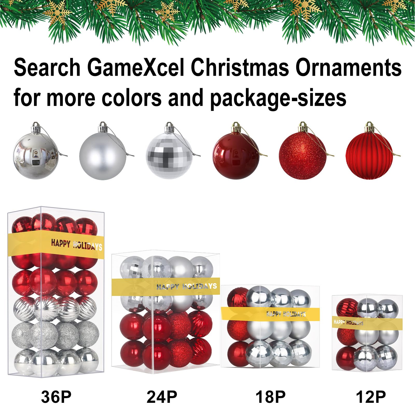 Lot de 18 grandes boules de Noël incassables à suspendre pour anniversaire, Halloween, vacances, mariage, décoration noel (argenté/rouge) - 8,1 cm