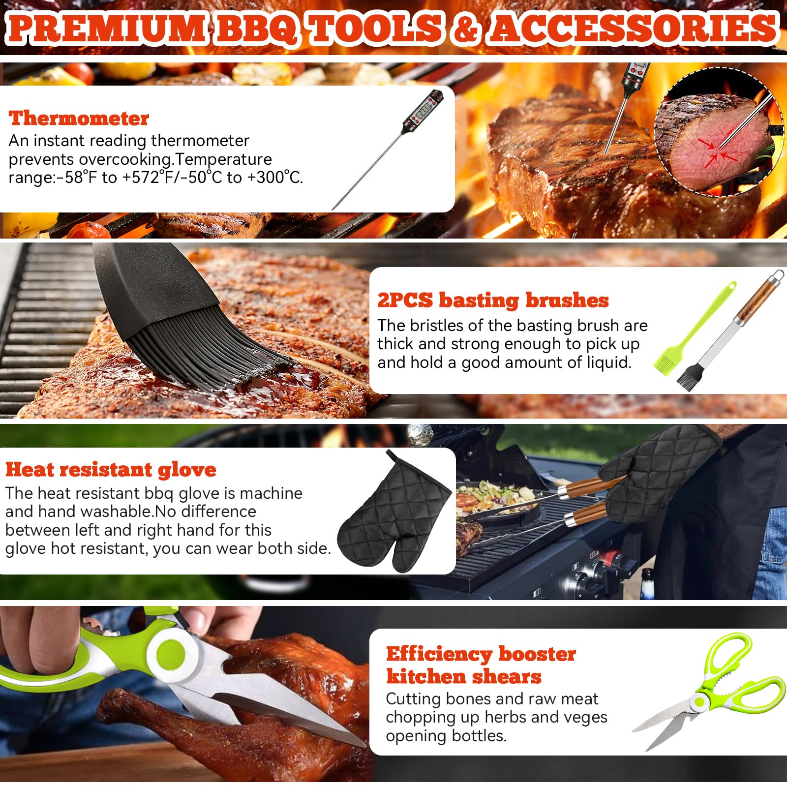 Kit Barbecue 34 Pièces, Ustensiles en Acier Inoxydable, avec Sac de Rangement et Tapis de Cuisson
