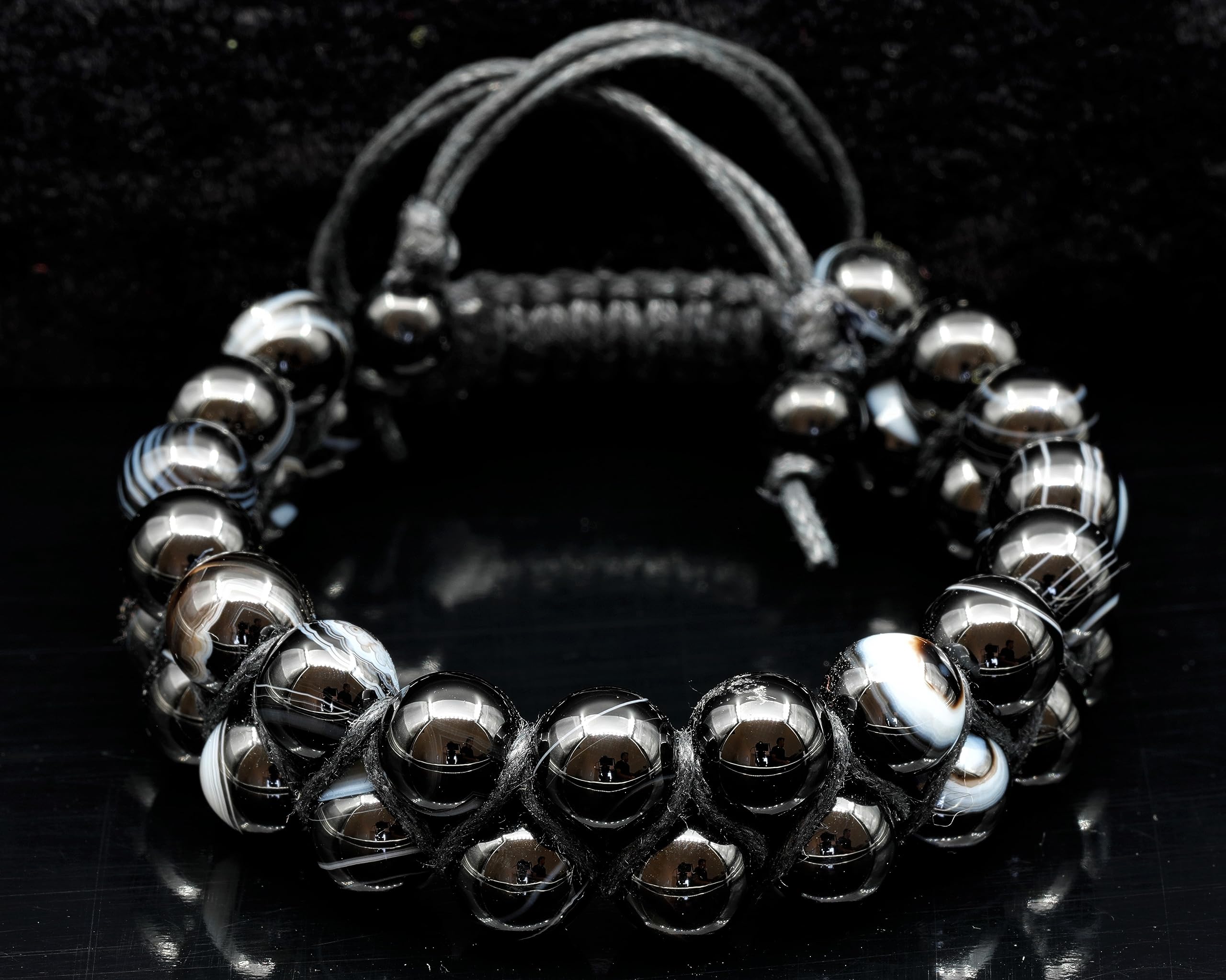 Pulsera de cuentas de ágata negra natural, piedra preciosa auténtica, piedra de confianza, macramé de cristal, unisex (mujer)