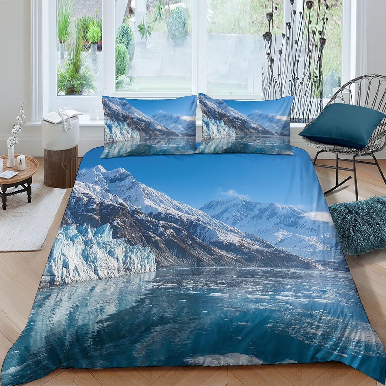 Ctjqhvkz Style-8 3D Printed Glacier Mountain Fitted Sheet Microfiber Soft Blue Lake Bed Cover, Anti-Slip, Machine Washable, Bedroom Decor Single（135X200cm）