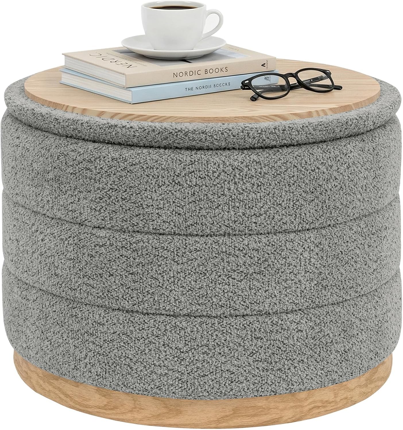 PINPLUS Chenille Folding Ottoman Footstool, Round Storage Ottoman, Soft Fabric, 330 lbs Load Capacity, Large Ottoman for Living Room, Bedroom, Dorm, Grey Colors