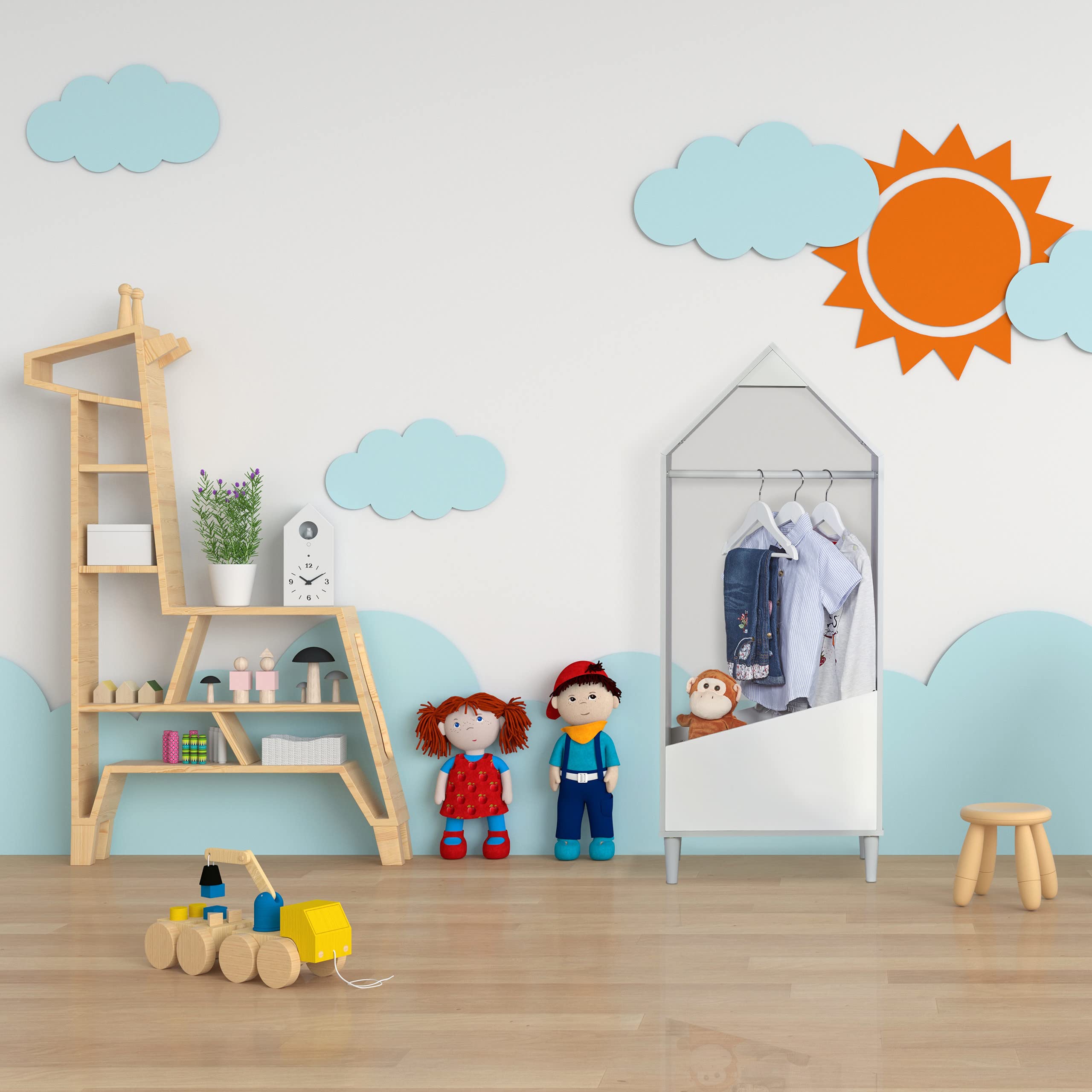 Relaxdays Appendiabiti per Bambini con Asta Attaccappanni e Ripiano 117x48x30 cm Grigio Bianco
