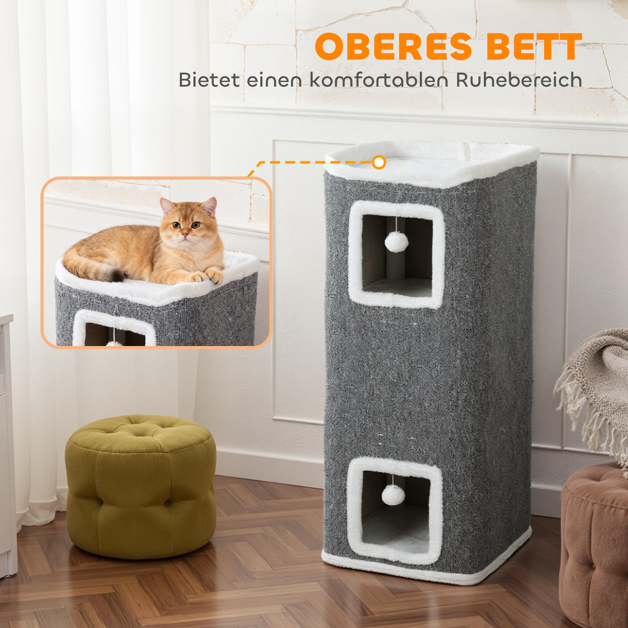 PawHut Kratztonne 100 cm Hoch 41 x 41 cm vierstöckige Katzentonne mit Spielball, Plüschrand, Katzenhöhle, Kratzbaum für 1-2 Katzen unter 7kg, Grau