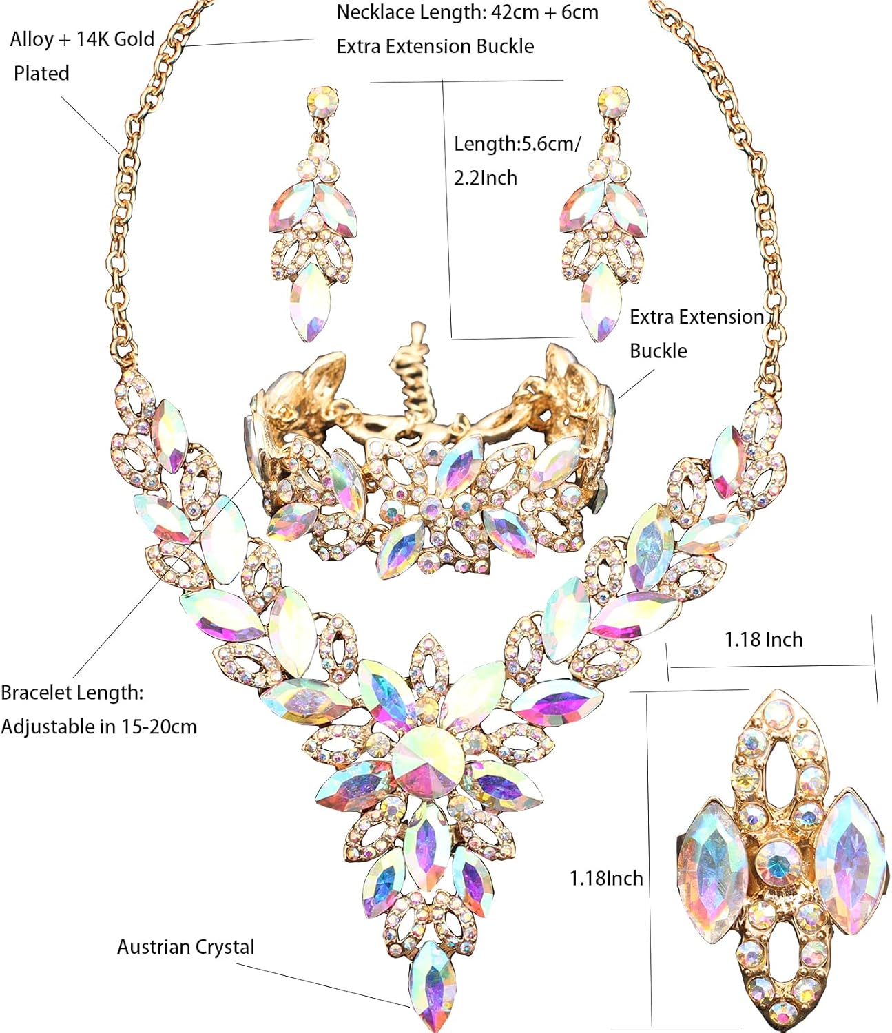 Jewelry Set for Women, Statement Necklace Dangle Earrings Link Bracelet Ring, White/KC Gold Plated Jewelry Set with Rhinestone Crystal Wedding Party Jewelry for Bridal Bridesmaid
