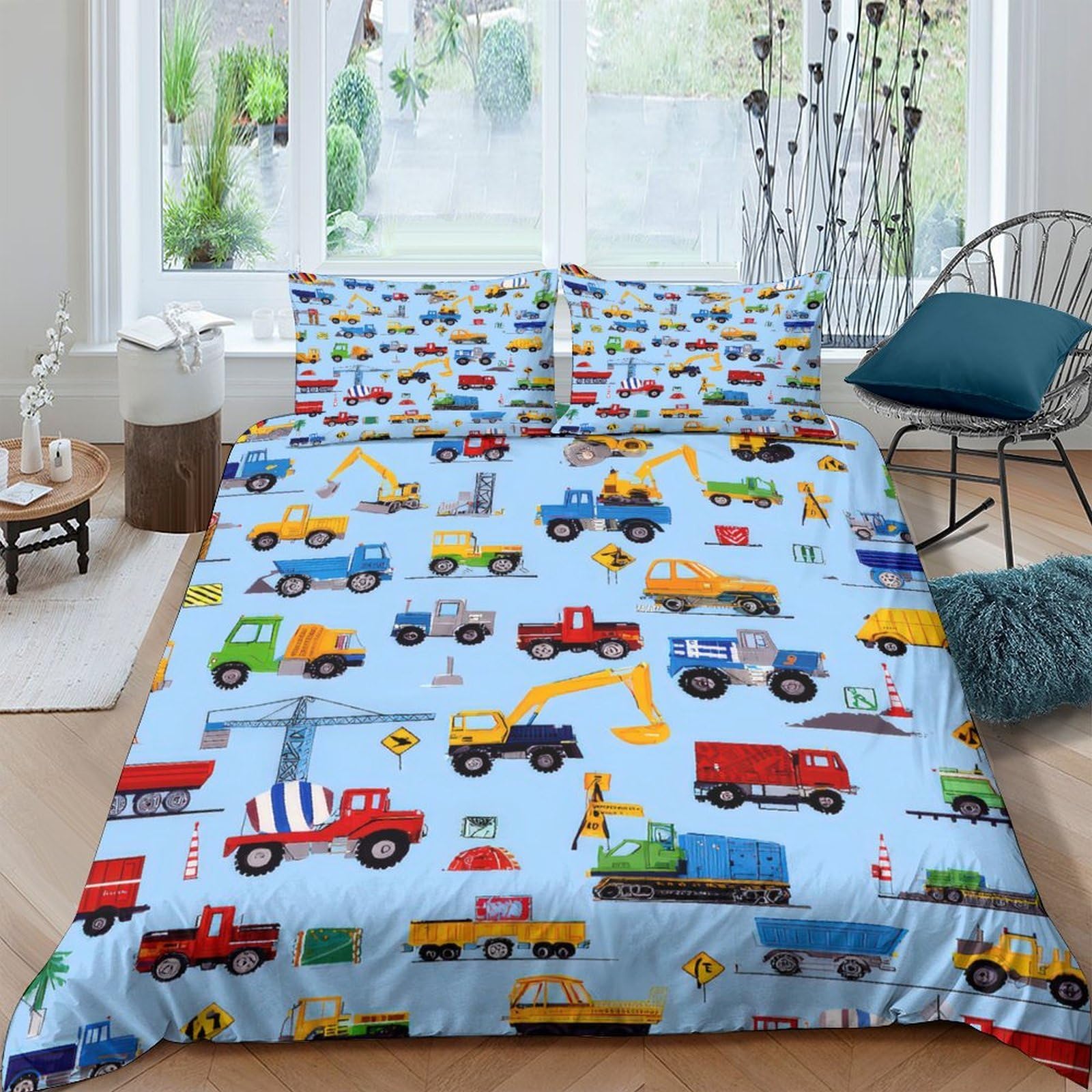 Ctjqhvkz Style-5 3D Printed Construction Vehicles Fitted Sheet Microfiber Soft Blue Trucks Mattress Cover For Bedroom Guest Room Decor Single（135X200cm）