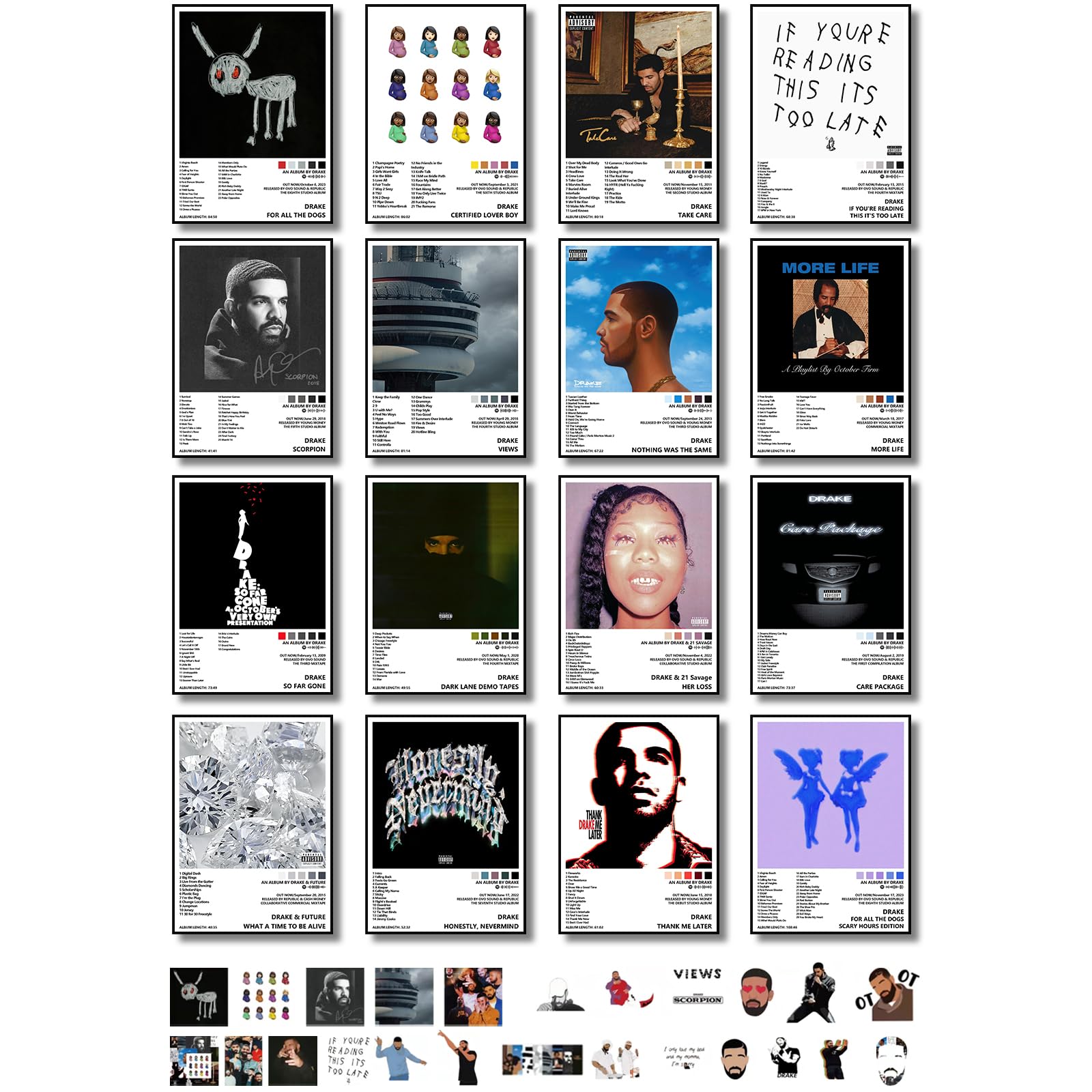 Drake Poster 16 Pcs, 8 * 11 inch (with 25 Pcs Stickers), Album Cover Posters for Room Aesthetic, Music Wall Decor, Art Prints for Boys, Girls Room Decor, Room Decor Posters for Fans Unframed