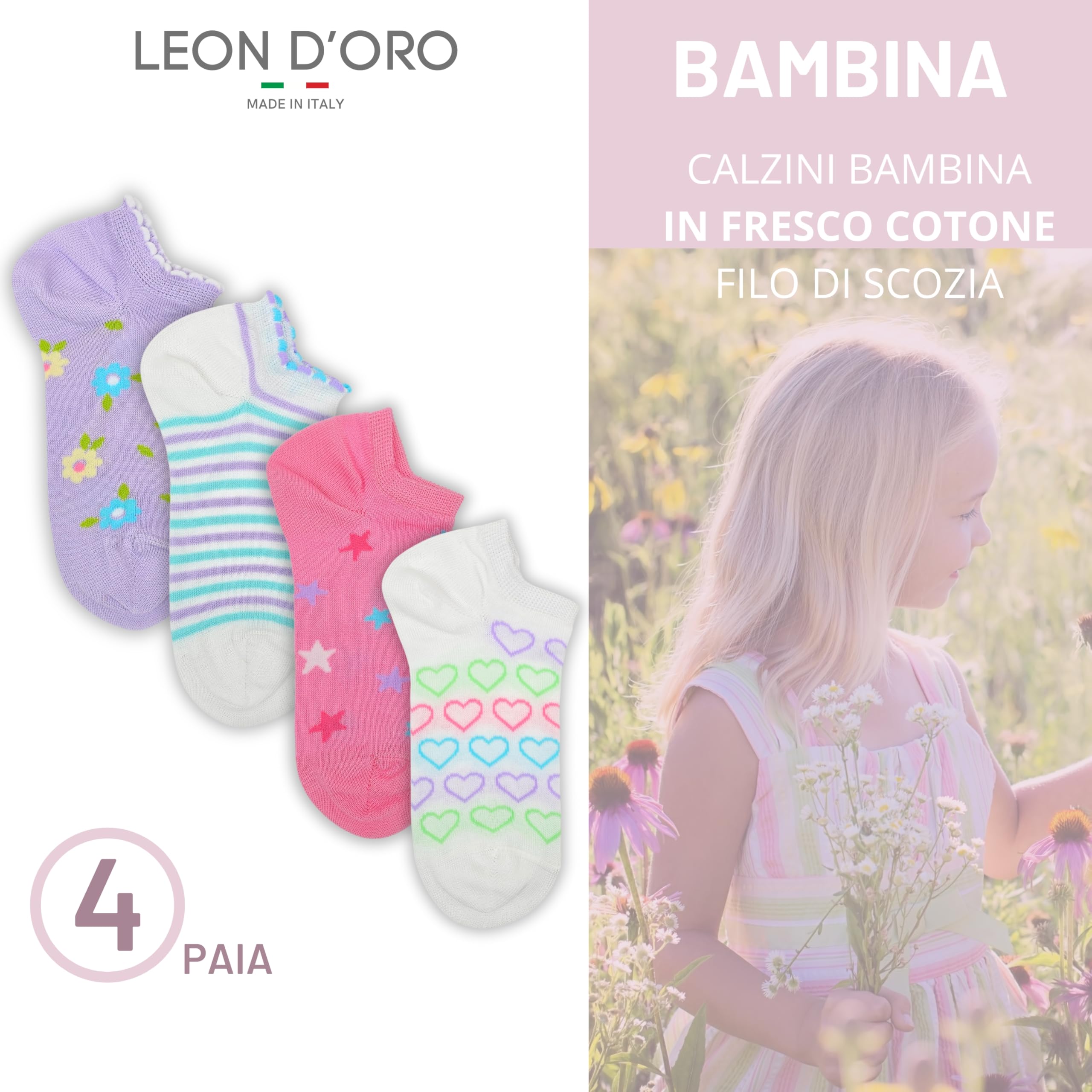 Chaussettes pour fille en coton fil d'Écosse 4 paires de chaussettes légères et respirantes fabriquées en Italie