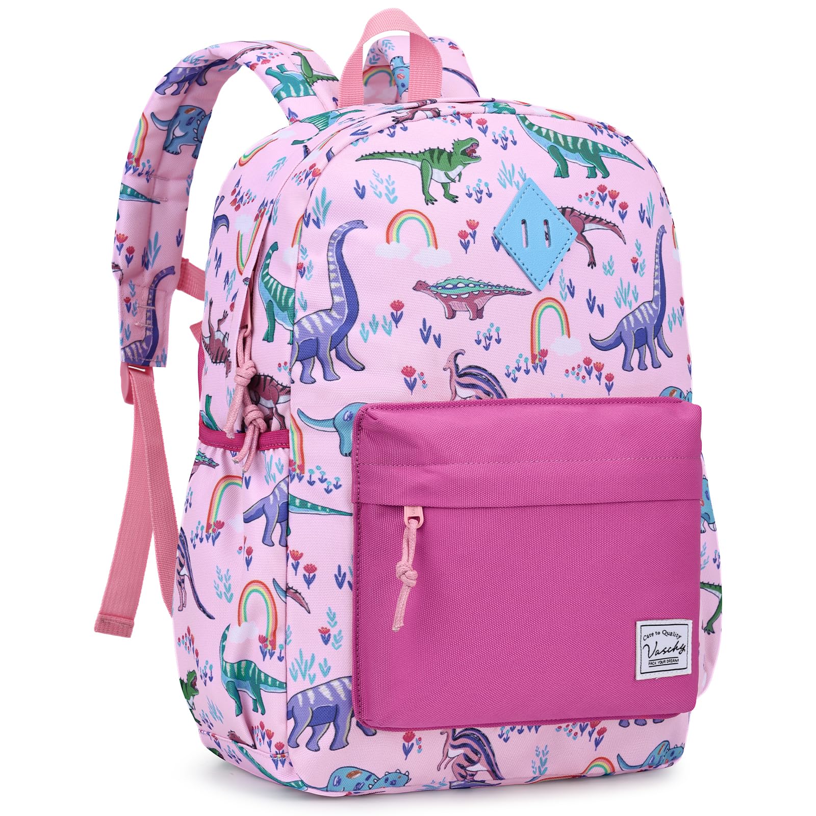 VASCHY Kids Backpack for Girls, Preschool Kindergarten Backpack, Lightweight Toddler Backpack with Chest Strap, Dinosaur School Bookbag for Ages 4–6, Water Resistant Travel Daypack, 15 Inch
