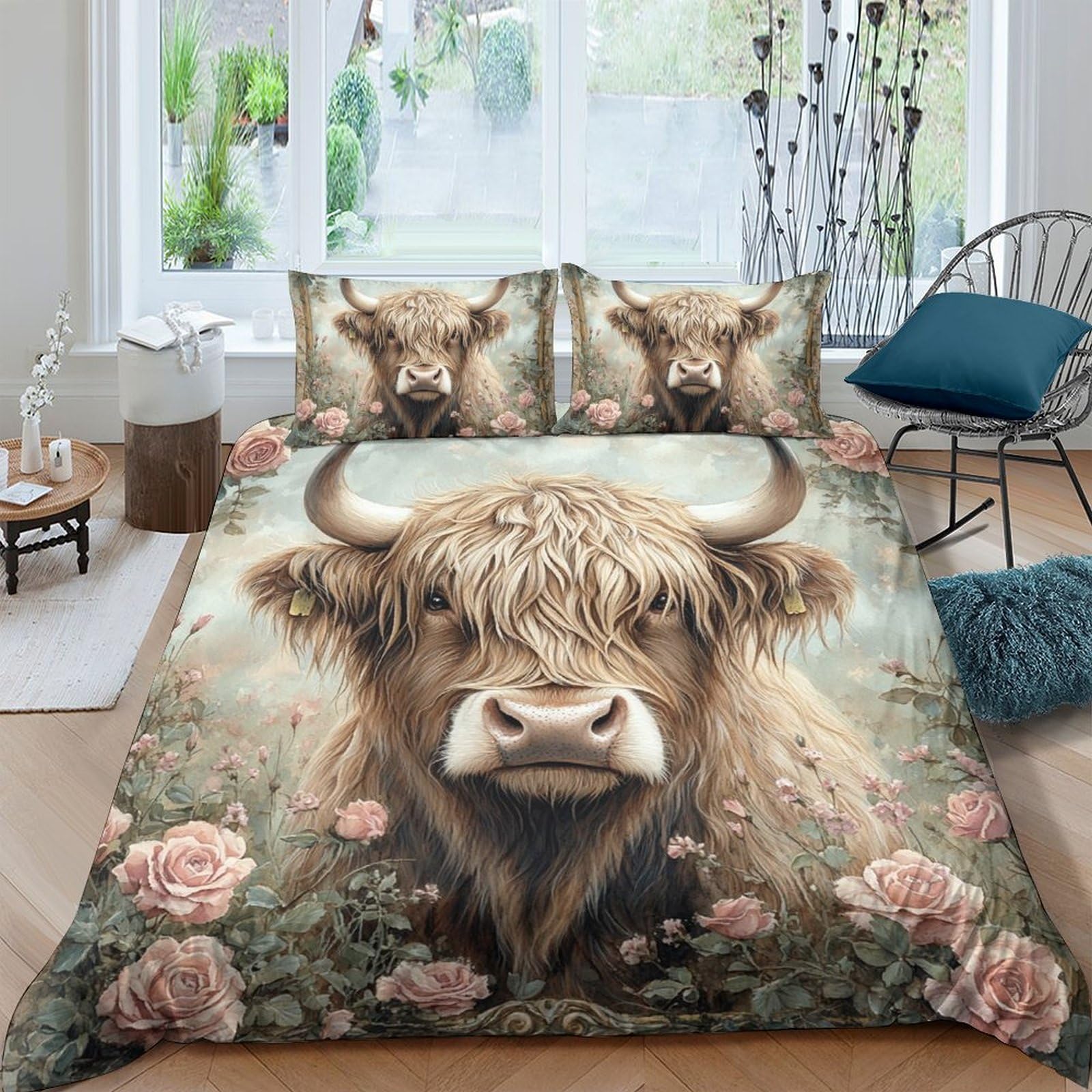 GPLZQXKJNH 3D Printed Highland Cow Duvet Cover Microfiber Floral Bedding Set with 2 Pillowcases for Bedroom Home Decor Single（135x200cm）