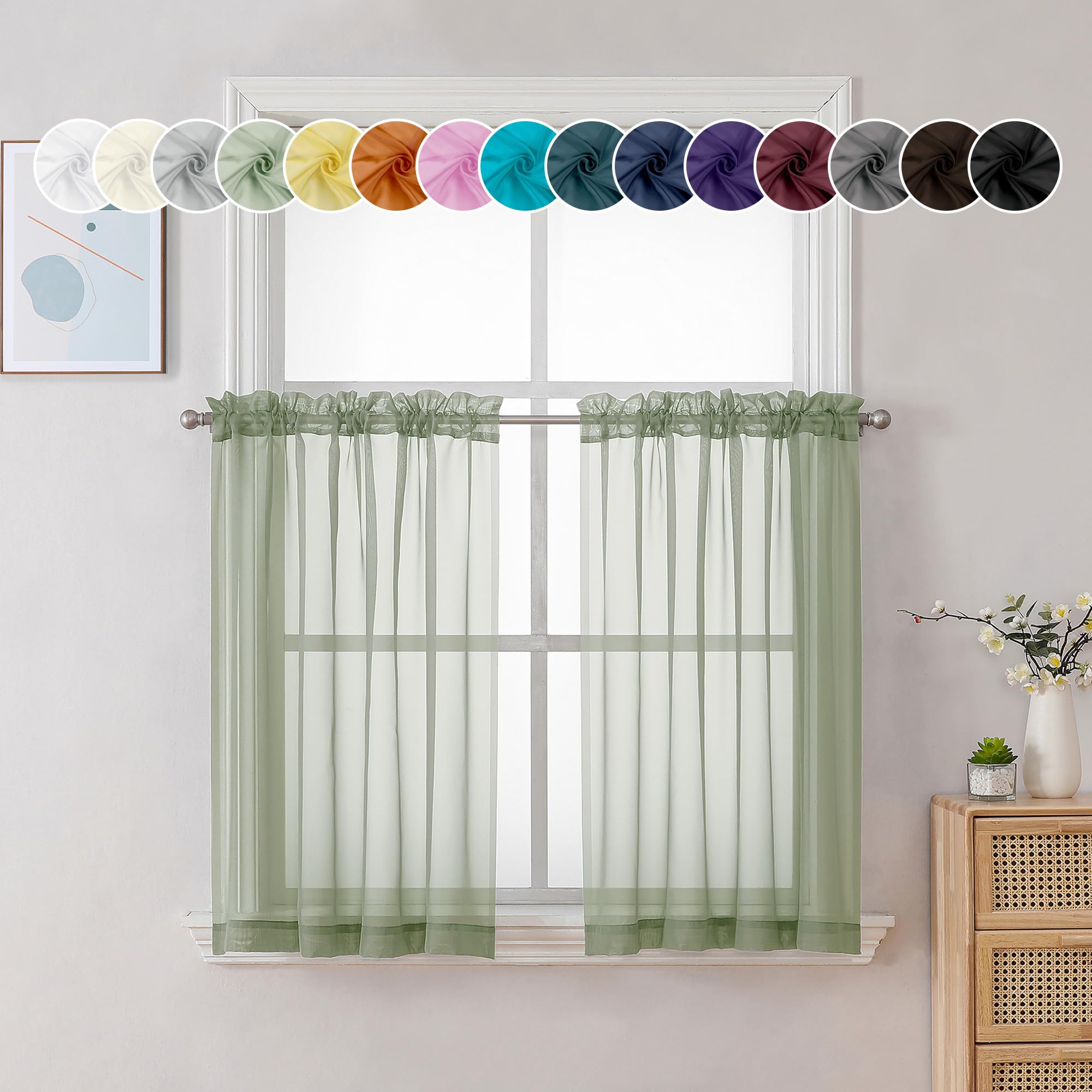 Chyhomenyc Window Sheer Curtains Tier Pair - 36in Length, Short Voile Sheer Curtains for Small Window Bathroom Cafe Living Room, Set of 2, 42W x 36L inches, Rod Pocket, Sage Green