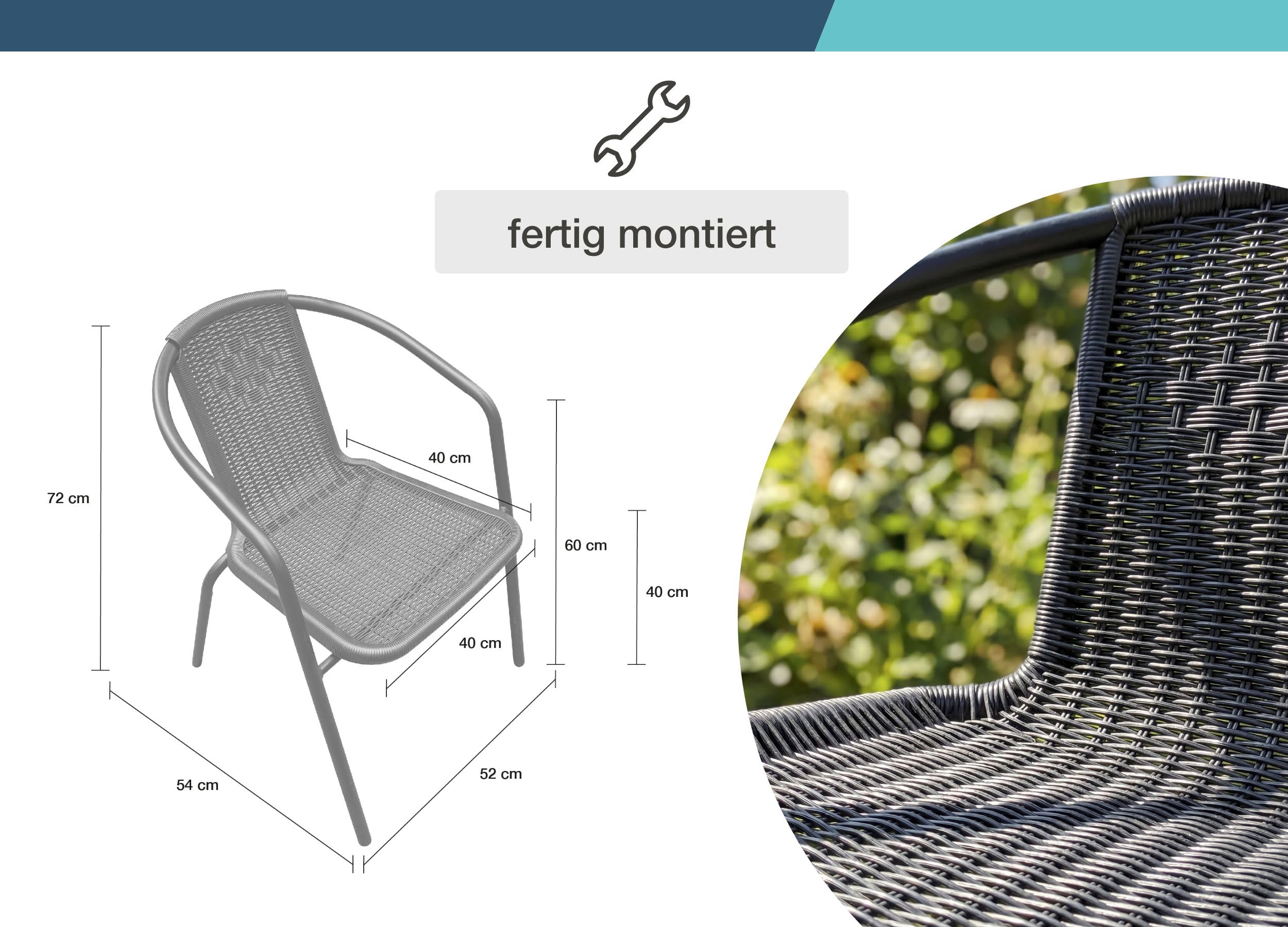 LC Garden Garvista 4er Stuhl Set Bistrostuhl Stapelstuhl, Gartenstuhl, Terassenstuhl, stapelbarer Armlehnstuhl mit Metallgestell in schwarz und Polyrattangeflecht