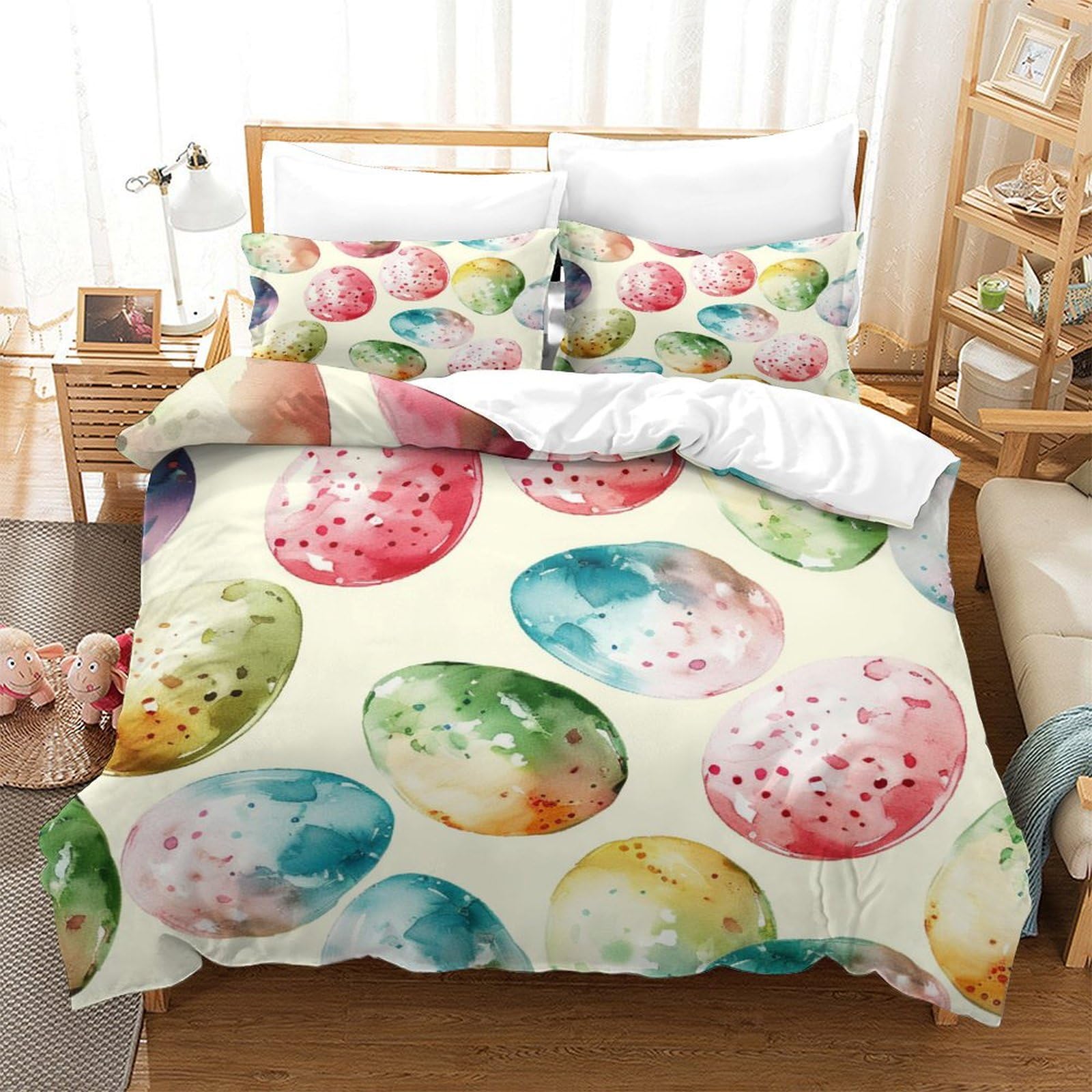 P1S9U7W5Y Decorative Easter Eggs 3D Printed Duvet Cover Set 3pcs Microfiber Watercolor Eggs Bedding Set King（220x240cm）