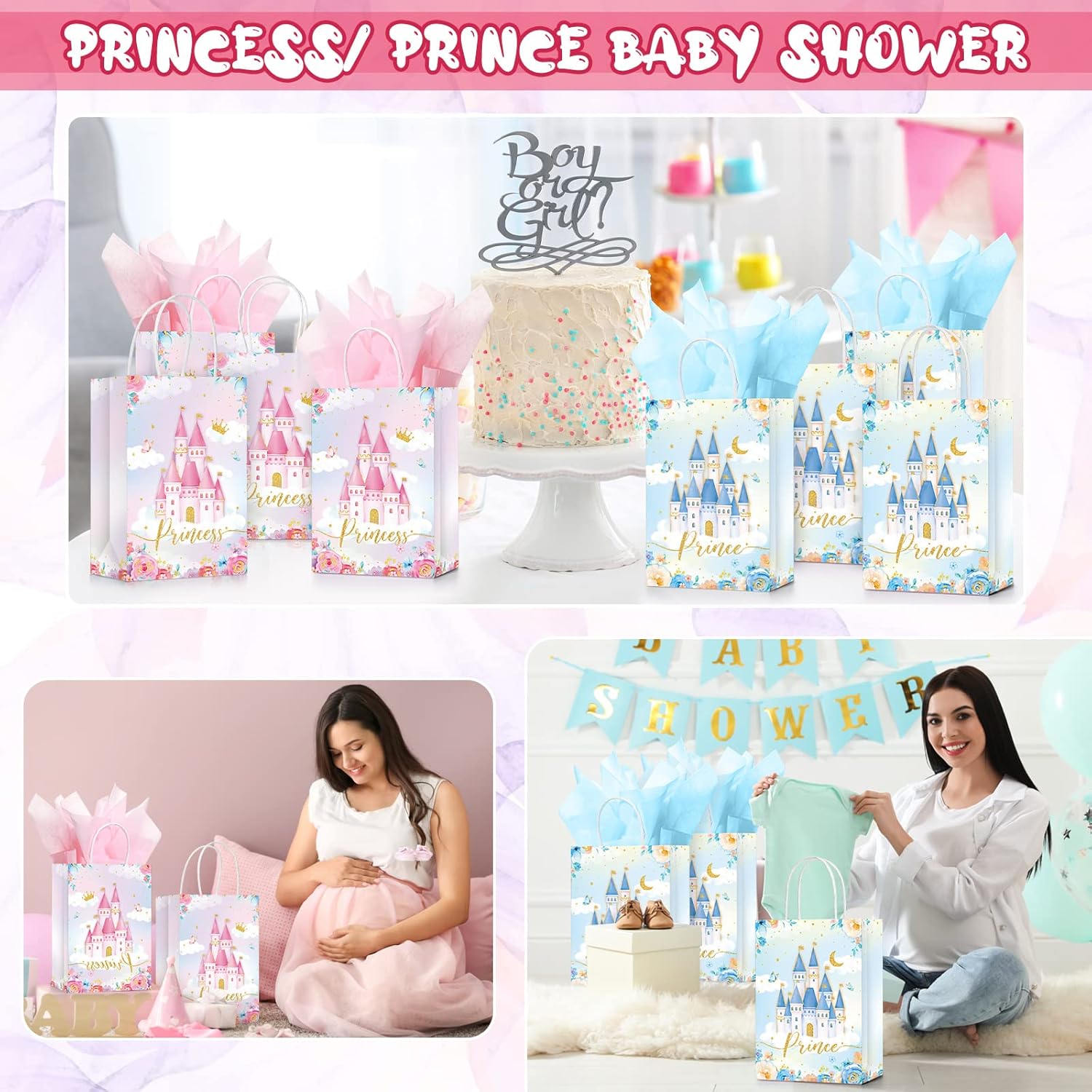 Nezyo 16 Pcs Princess Prince Party Favor Bags with Handles & Tissue Paper Prince Princess Candy Treat Goodie Gift Bags for Birthday Baby Shower Party Favors(Pink and Blue Castle) - Image 7