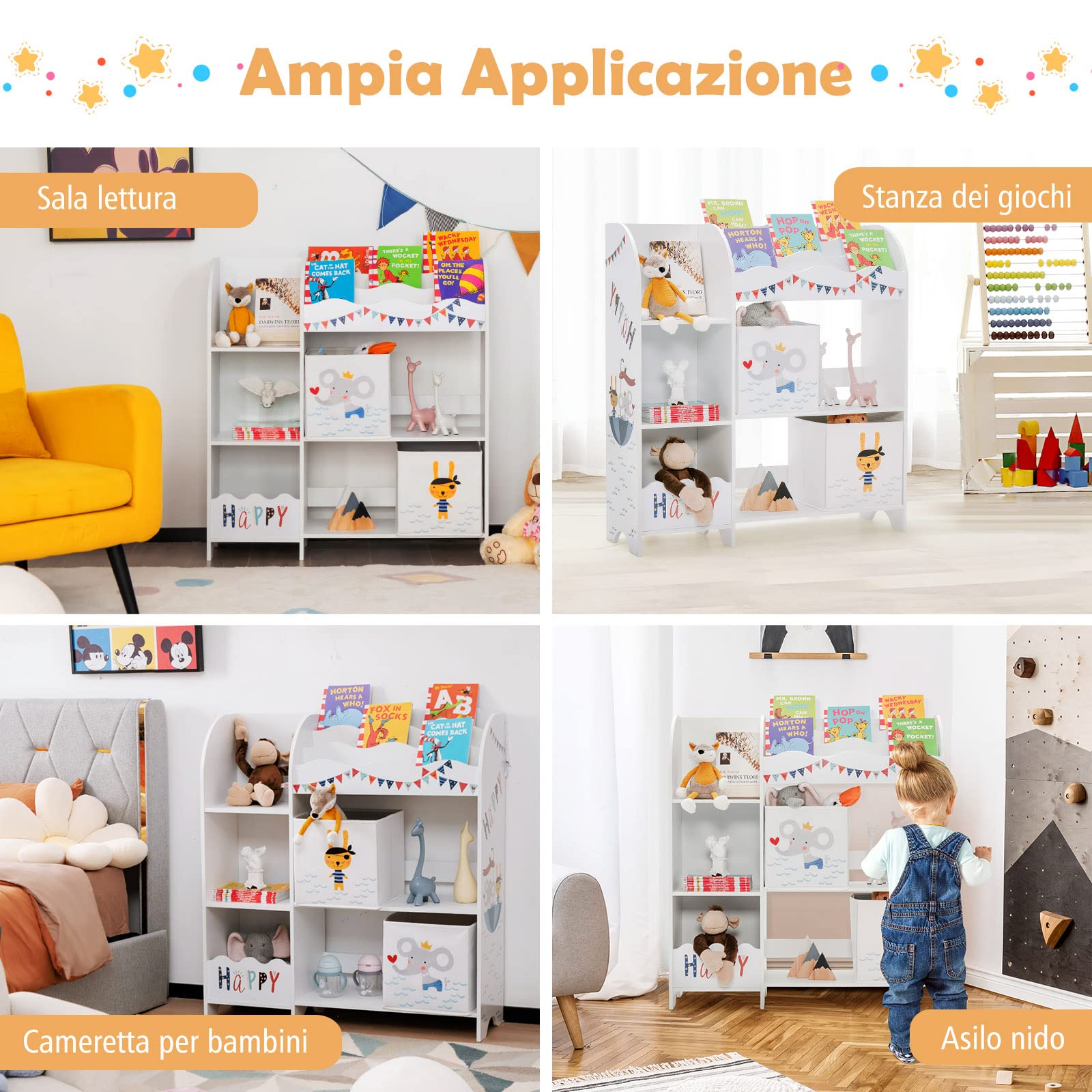 COSTWAY Armadio per Bambini, Scaffale di Legno con 3 Livelli e 5 Scompartimenti, 2 Cassetti in Tessuto e 3 Spazi per Giocattoli e Libri, Scaffale Verticale per Bambini, Bianco (Pirata Animale)