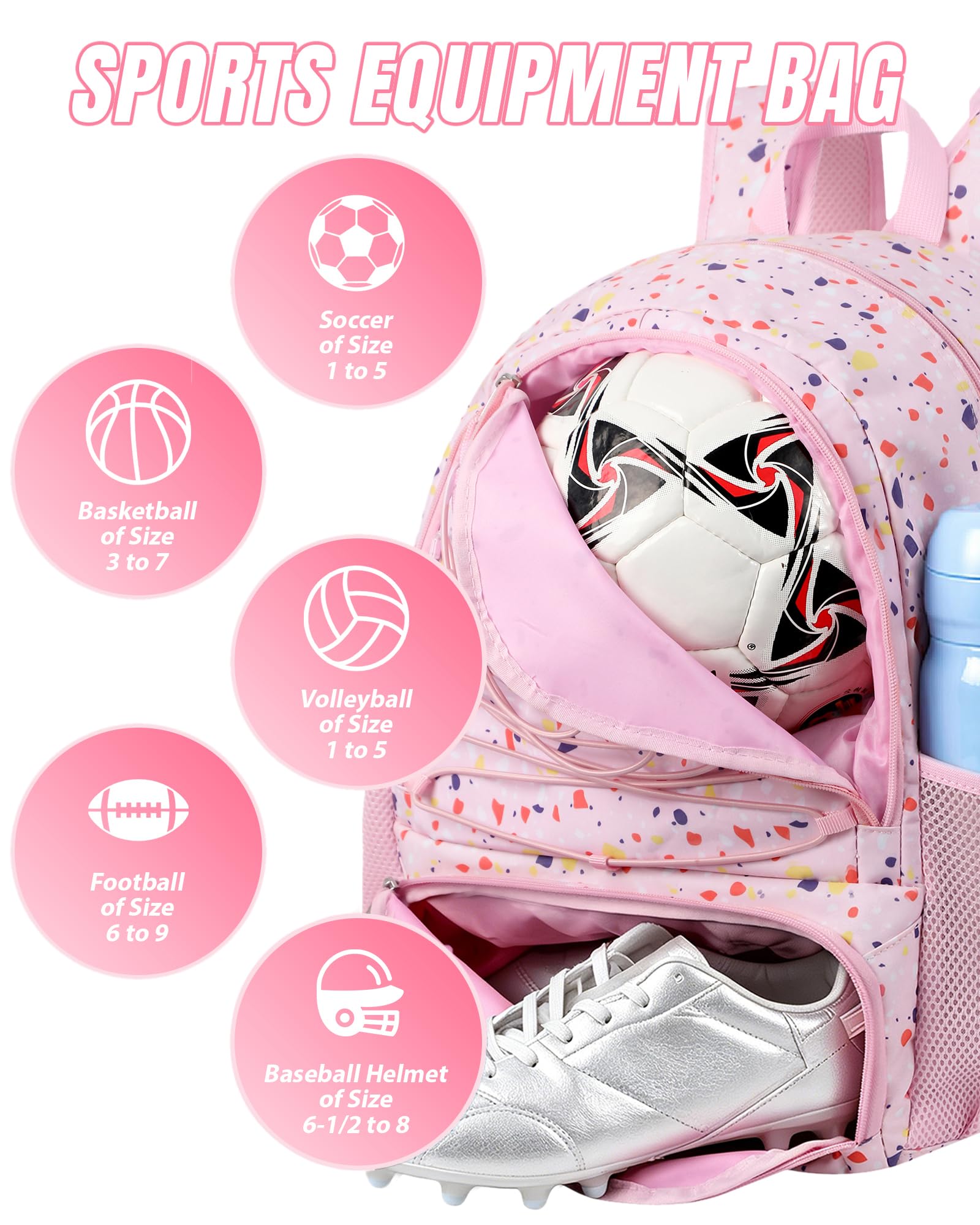 TRAILKICKER Fußball-Rucksack, 32 l, Rosa, Fußballtasche mit Ballhalter, Schuhfach, wasserabweisend, atmungsaktiv, Multisport-Rucksack für Basketball, Volleyball, Fußball, Helm