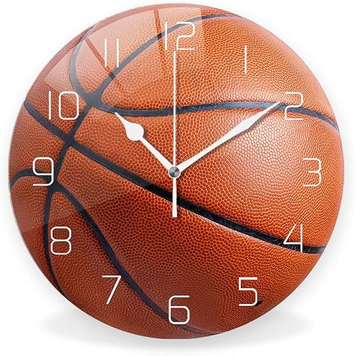 Silent Non-Ticking Sport Theme Wall Clocks, Basketball Pattern Wall Clock, Battery Operated 9.8x9.8 Round Wall Clock for Home Decor Boy Room Living Room School Birthday Gift