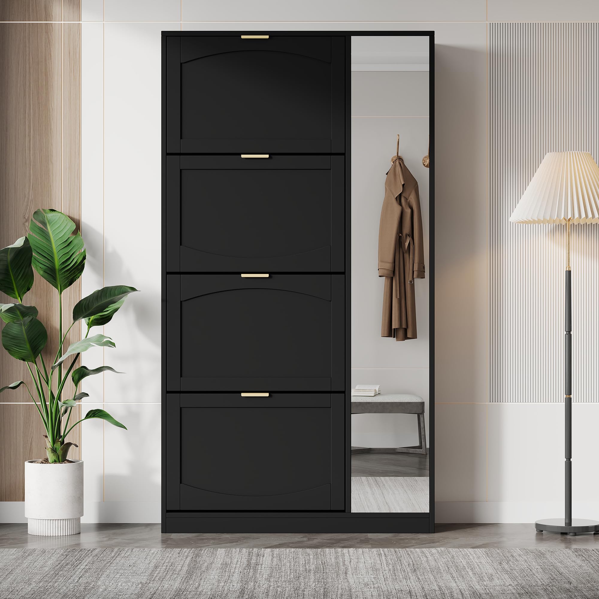 Zapatero moderno con espejo, 4 compartimentos de almacenamiento plegables, estante ajustable detrás del espejo derecho, ideal para el pasillo, tamaño: 80 x 147 x 24 cm, color negro