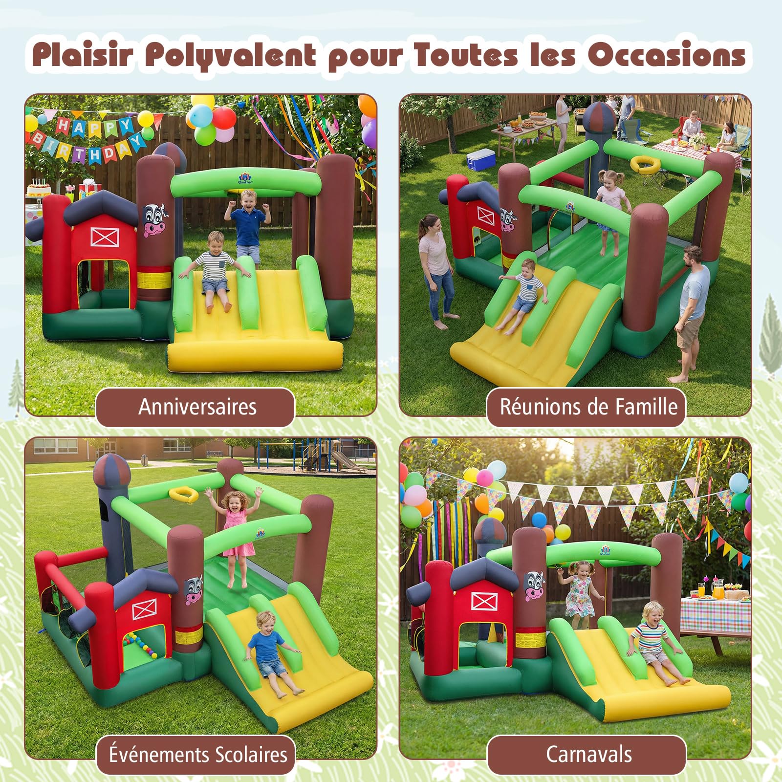 COSTWAY Château Gonflable avec Double Toboggans et Souffleur 680W, Aire de Jeux Gonflable avec Maison de Saut et Piscine à Balles, Panier de Basket, Jeu de Cibles, Intérieur Extérieur, 3-12 Ans