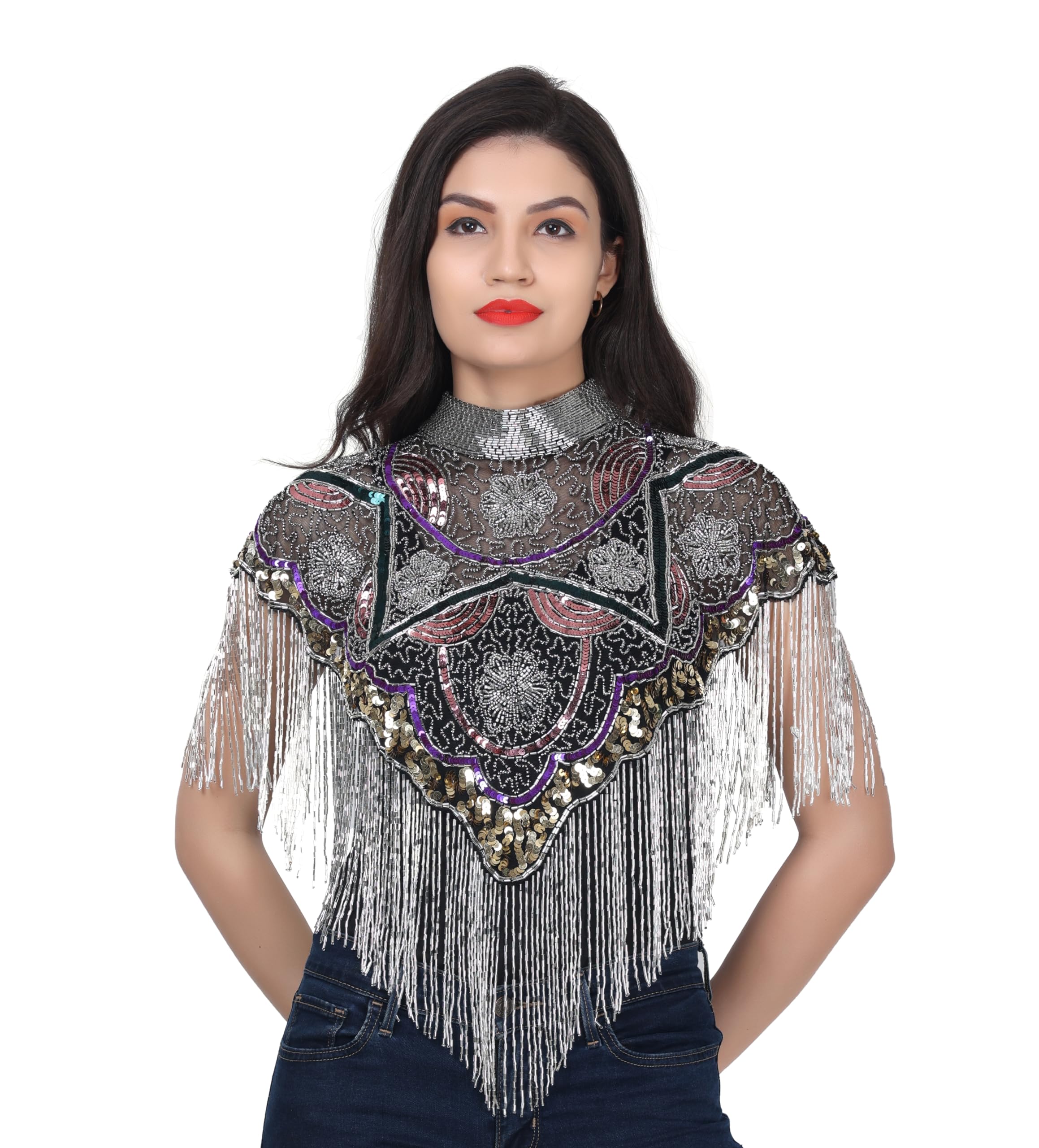 Women Net Poncho Fully Embrodiery Ponchu With Rose Multi Mix-picture-21