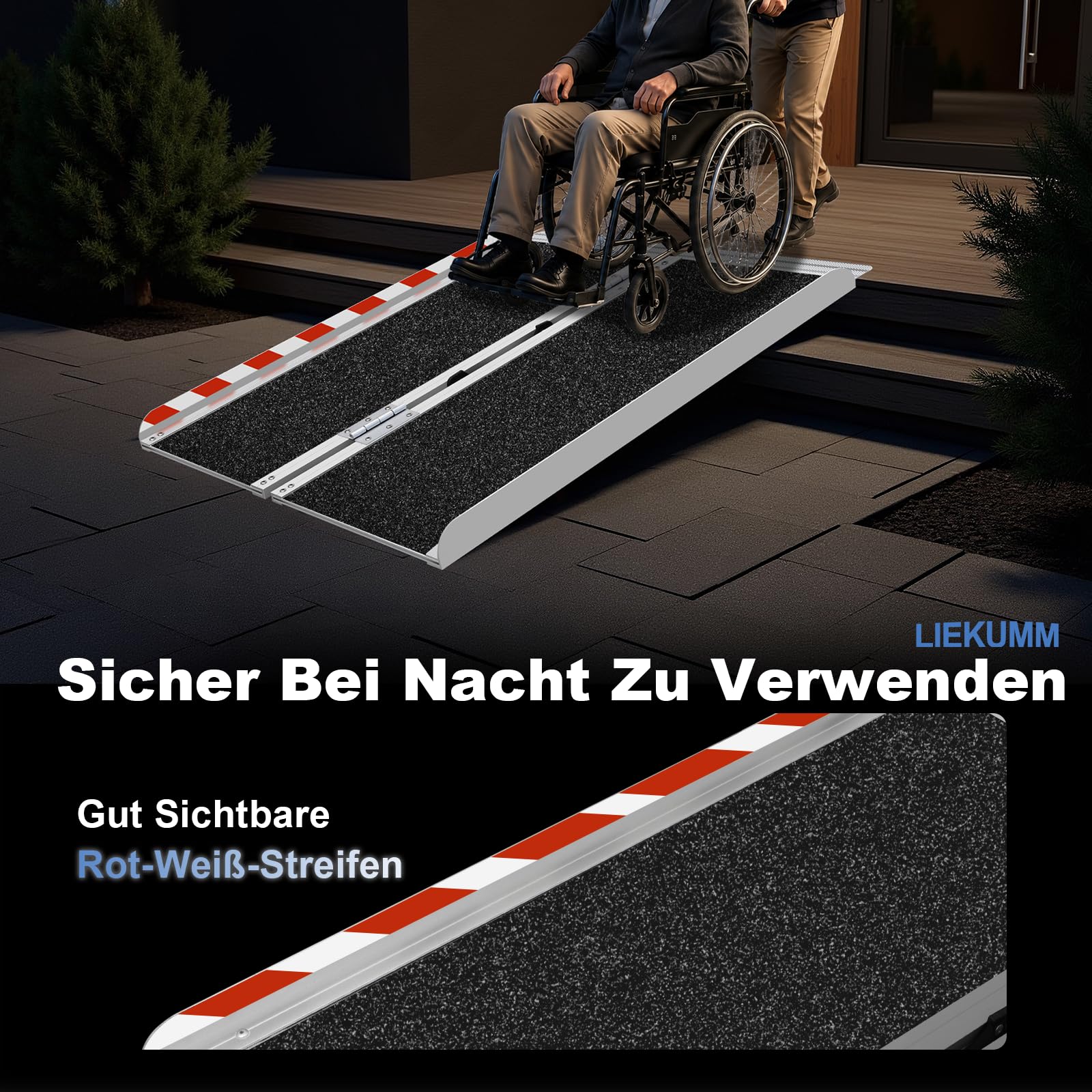 LIEKUMM Rollstuhlrampe 121 cm, 300 kg Tragkraft, rutschfeste Aluminium Rollstuhlrampe Klappbar, Schwellenrampe für Türschwellen, Treppen, Bordsteine, Stufen, Rollstuhl und Kinderwagen